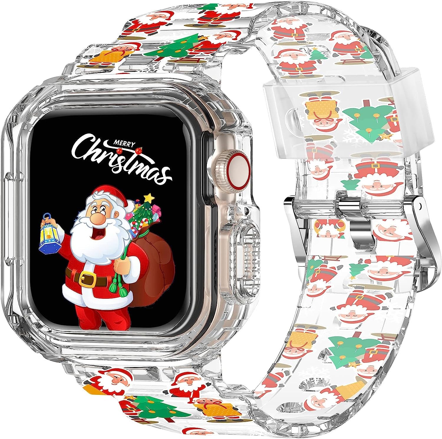 XYF Compatible for Crystal Clear Apple Watch Bands, 45Mm 44Mm 42Mm 41Mm 40Mm 38Mm 49Mm with Bumper Case for Men Women Jelly Sport Case and Band for Iwatch Ultra Series 8 7 SE/6 5 4 3 2 1  XYF Glow Santa Claus 38/40/41mm 