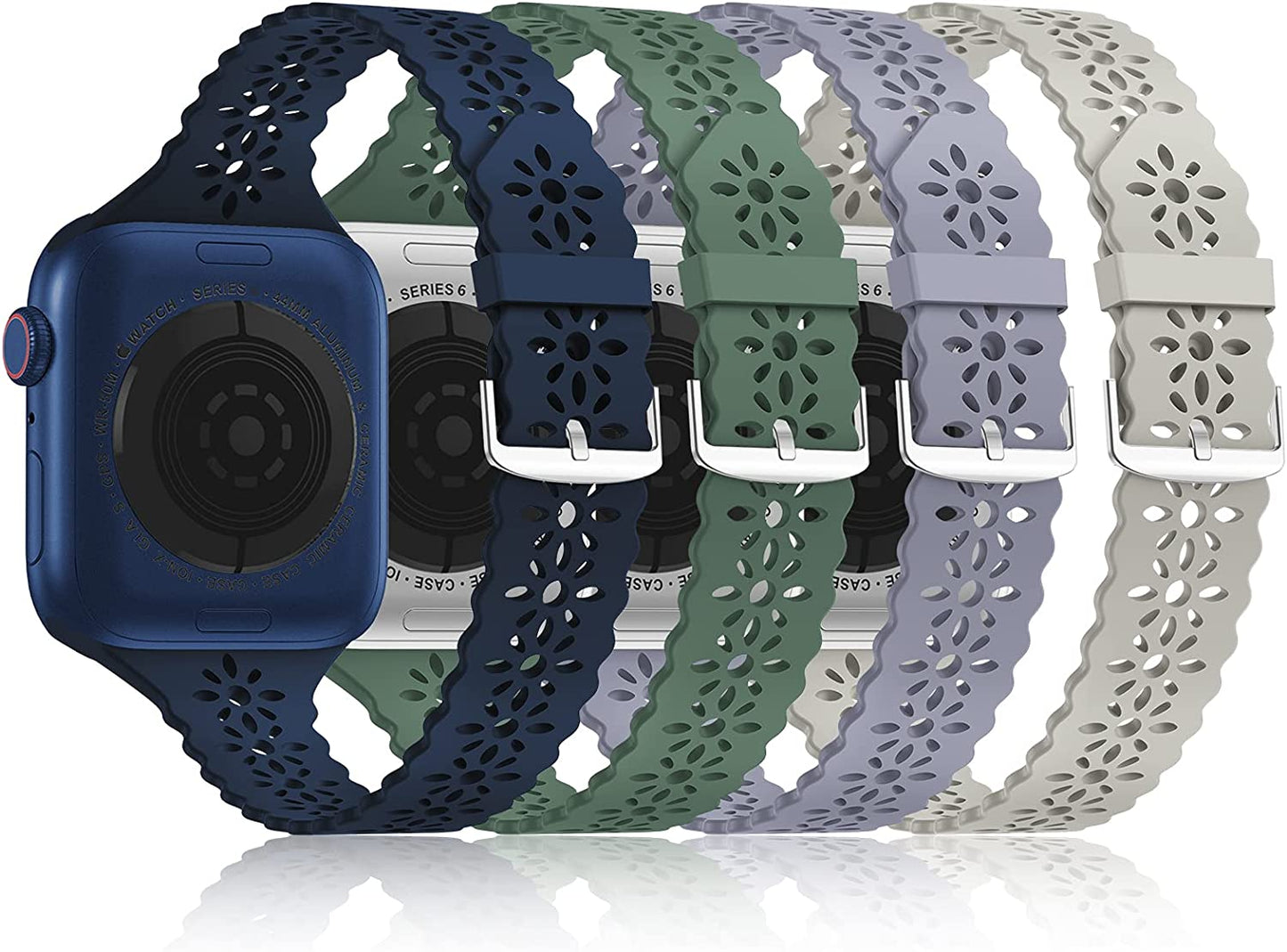 Bandiction 4 Pack Lace Silicone Bands Compatible with Apple Watch Band 38Mm 40Mm 41Mm 42Mm 44Mm 45Mm 49Mm, Women Slim Thin Hollow-Out Sport Wristband for Iwatch Series Ultra 8 SE 7 6 5 4 3 2 1  Bandiction Nave Blue/Pine Green/Stone/Lavender Gray 42mm/44mm/45mm/49mm 