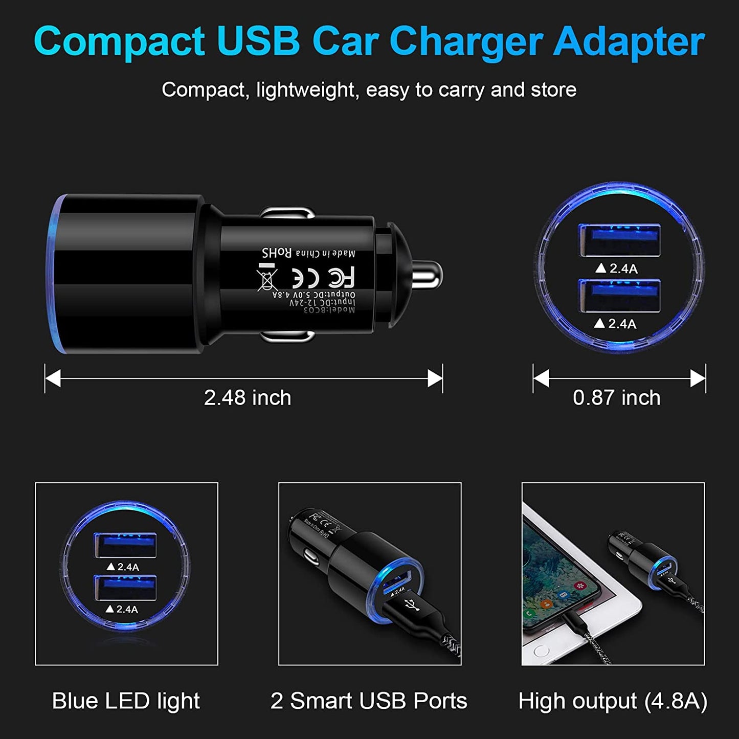 USB Car Charger, 2Pack 4.8A Fast Charging Dual Port USB Cigarette Lighter Adapter for Iphone 14 13 12 11 Pro Max SE XR X 8 7 6, Ipad, Samsung Galaxy S22 S21 S20 S10 S9 S8 S7 A10E A51,Android,Kindle  SHENZHEN SENJIN ELECTRONIC TECHNOLOGY CO.,LTD   