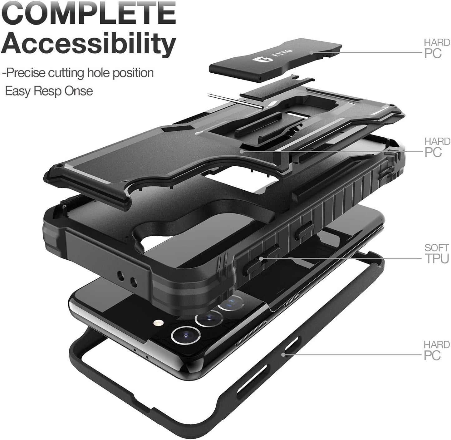 FITO for Samsung Galaxy S21 plus 5G Case, Dual Layer Shockproof Heavy Duty Case for Samsung S21 plus 5G Phone Built-In Kickstand, without Screen Protector (Black, 6.7 Inch)  FITO   