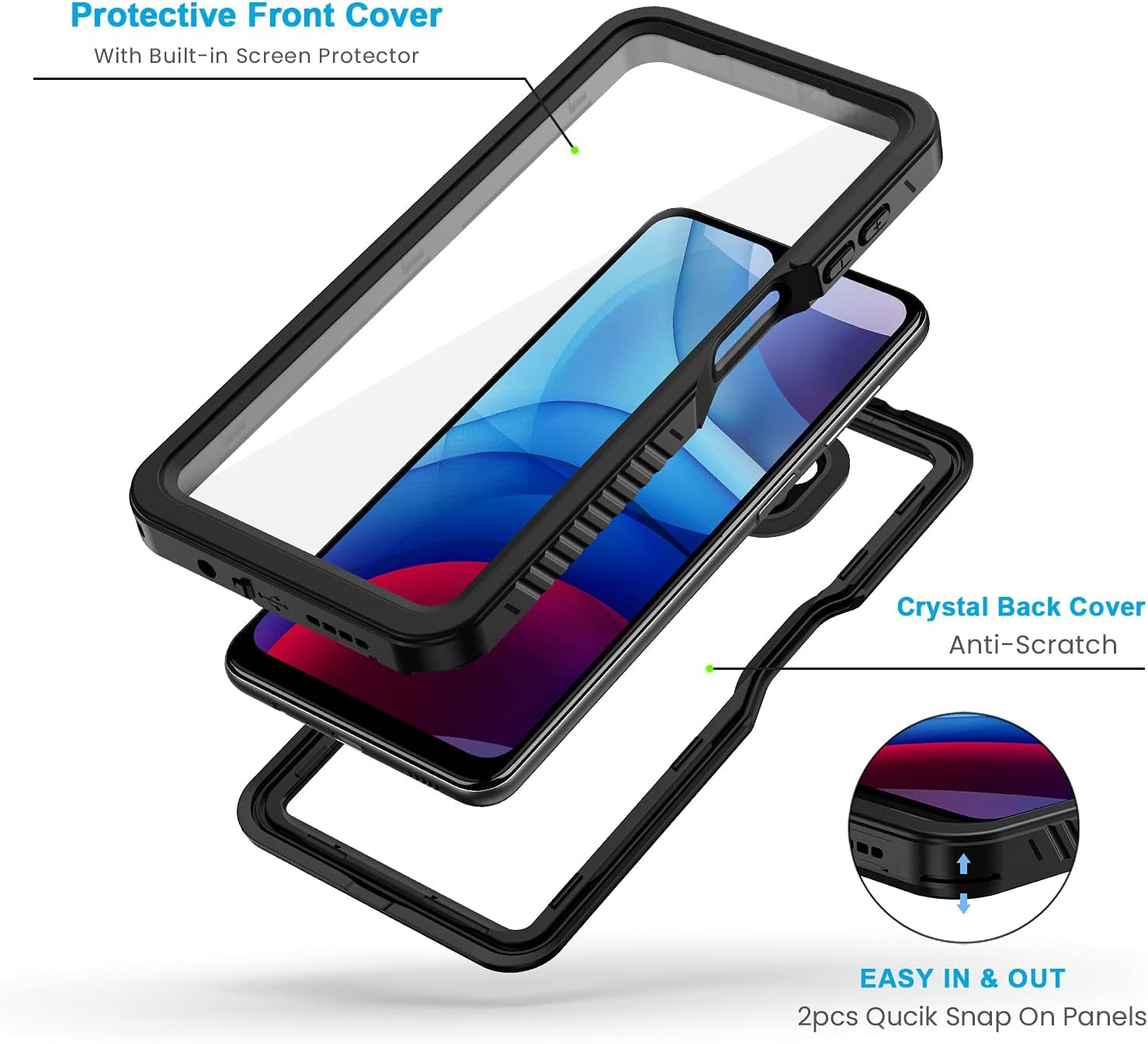 Lanhiem Moto G Power 2021 Case, IP68 Waterproof Dustproof Case with Built-In Screen Protector, Rugged Full Body Shockproof Phone Cover for Motorola G Power (2021), Black/Clear  Lanhiem   