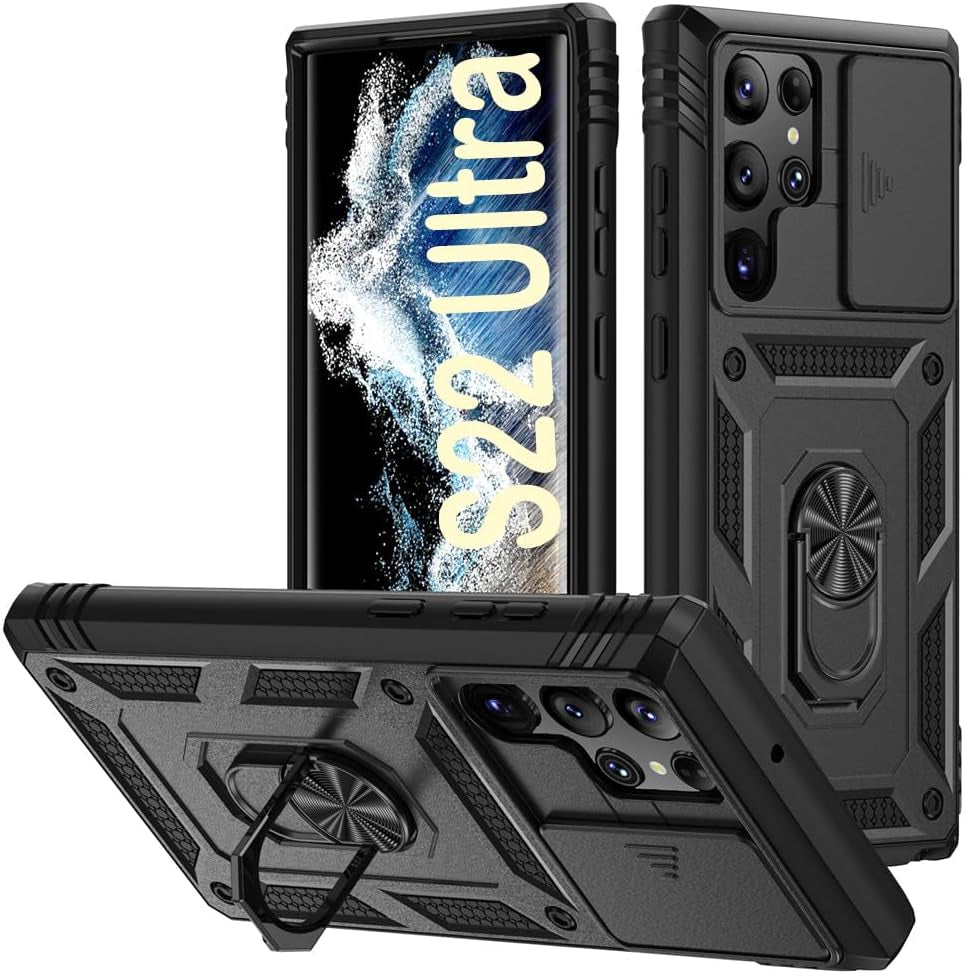 PASNEW for Samsung Galaxy S21 Ultra Case,Finger Ring Kickstand & Camera Cover Slide & Charge Port Dust Plug,Military Heavy Duty Full Body Shockproof Protective Hard Shell S21Ultra,6.8 Inch,Pink  PASNEW Black Samsung Galaxy S22Ultra【6.8"】 
