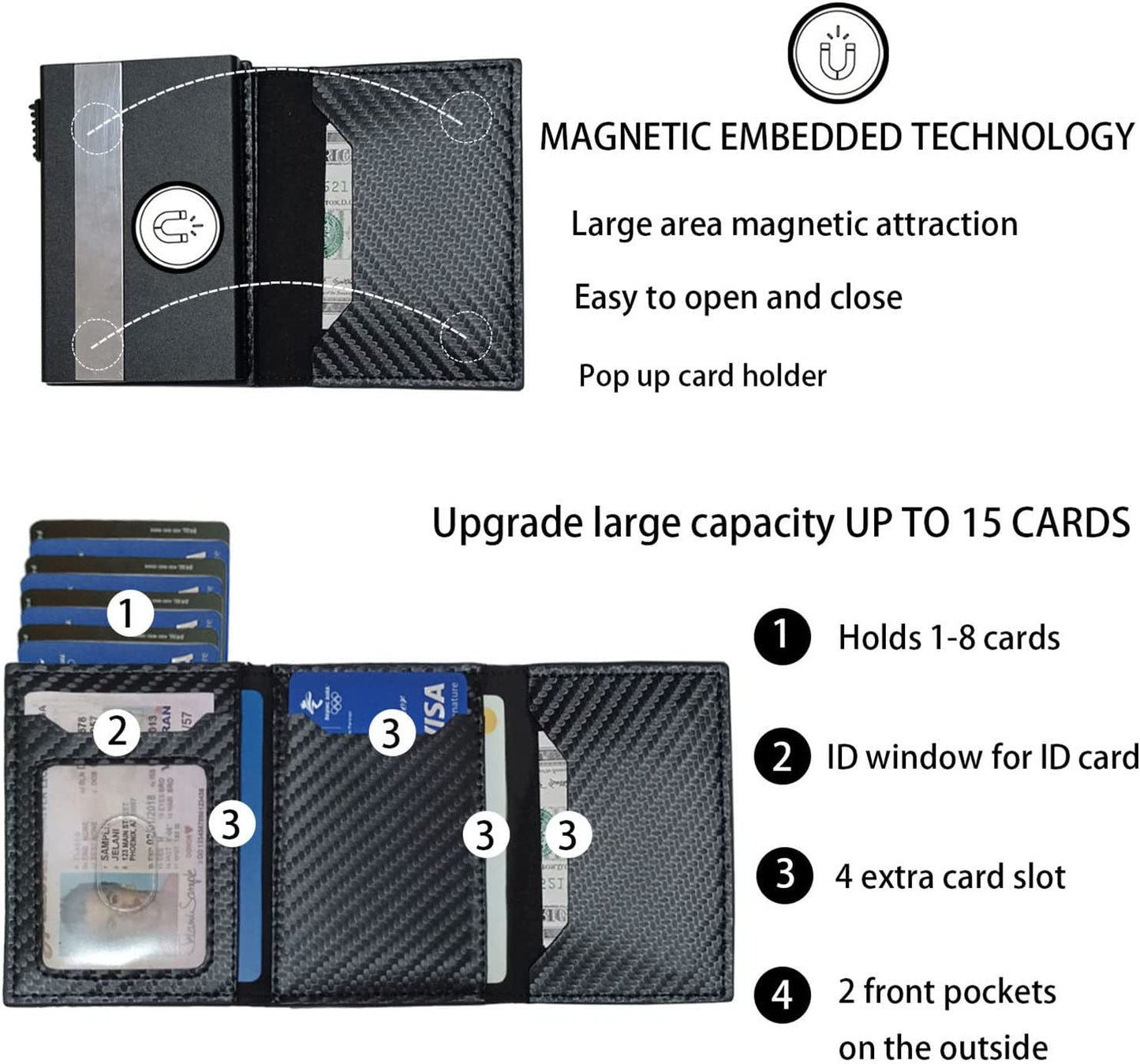 Airtag Wallet Pop up Smart Wallet with Front Pocket RFID Blocking Credit Card Holder with Money Clip Slim Trackable Wallet for Men (Carbon Fiber Leather)  CJGMT   