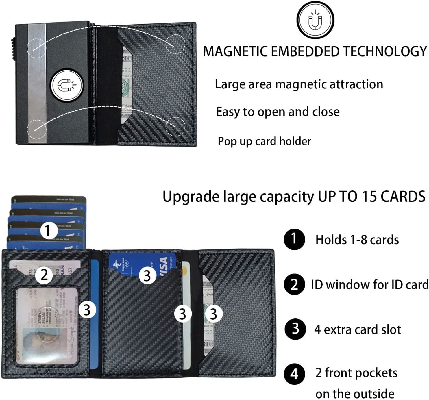 Airtag Wallet Pop up Smart Wallet with Front Pocket RFID Blocking Credit Card Holder with Money Clip Slim Trackable Wallet for Men (Carbon Fiber Leather)  CJGMT   