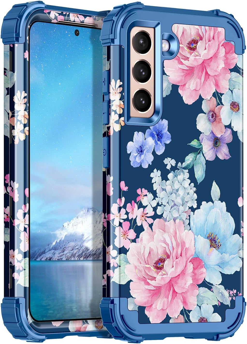 Casetego for Galaxy S21 5G Case,Floral Three Layer Heavy Duty Sturdy Shockproof Soft Tpu+Hard PC Protective Cover Case for Samsung Galaxy S21 5G 6.2 Inch,Orange/Black  Casetego Navy Flower  