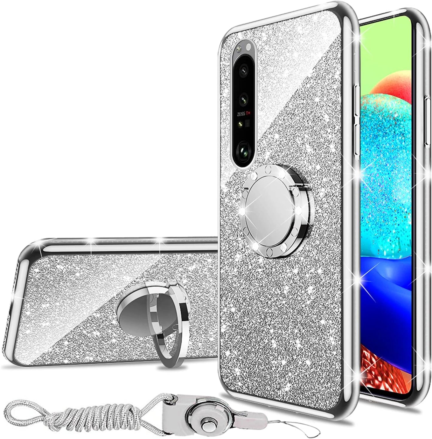 Nancheng for Xperia 1 III Case Girls Women Cute Glitter Silicone Sparkly Slim Cover with Ring Stand & Strap Shockproof Drop Full-Body Protection Case for Sony Xperia 1 III (2021) - Silver  nancheng   