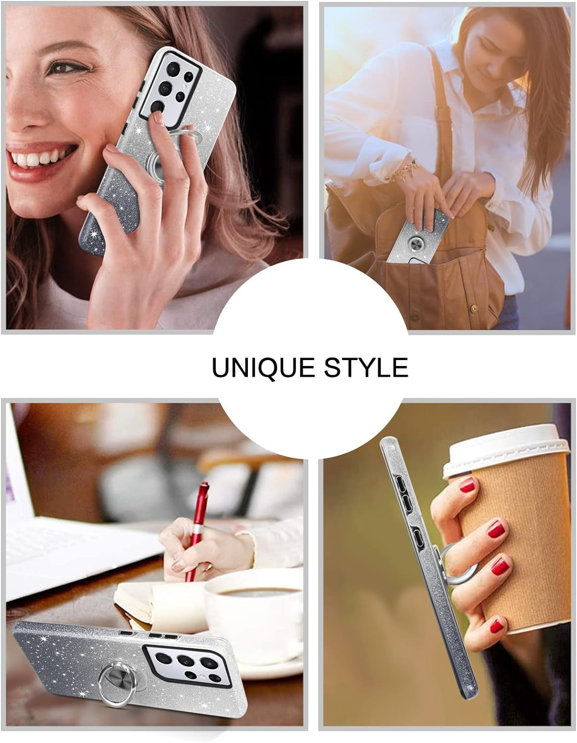 BENTOBEN Compatible with Samsung Galaxy S21 Ultra Case, Slim Fit Glitter Sparkly 360° Ring Holder Kickstand Magnetic Protective Girls Women Cover for Samsung Galaxy S21 Ultra 6.8“, Black  BENTOBEN   