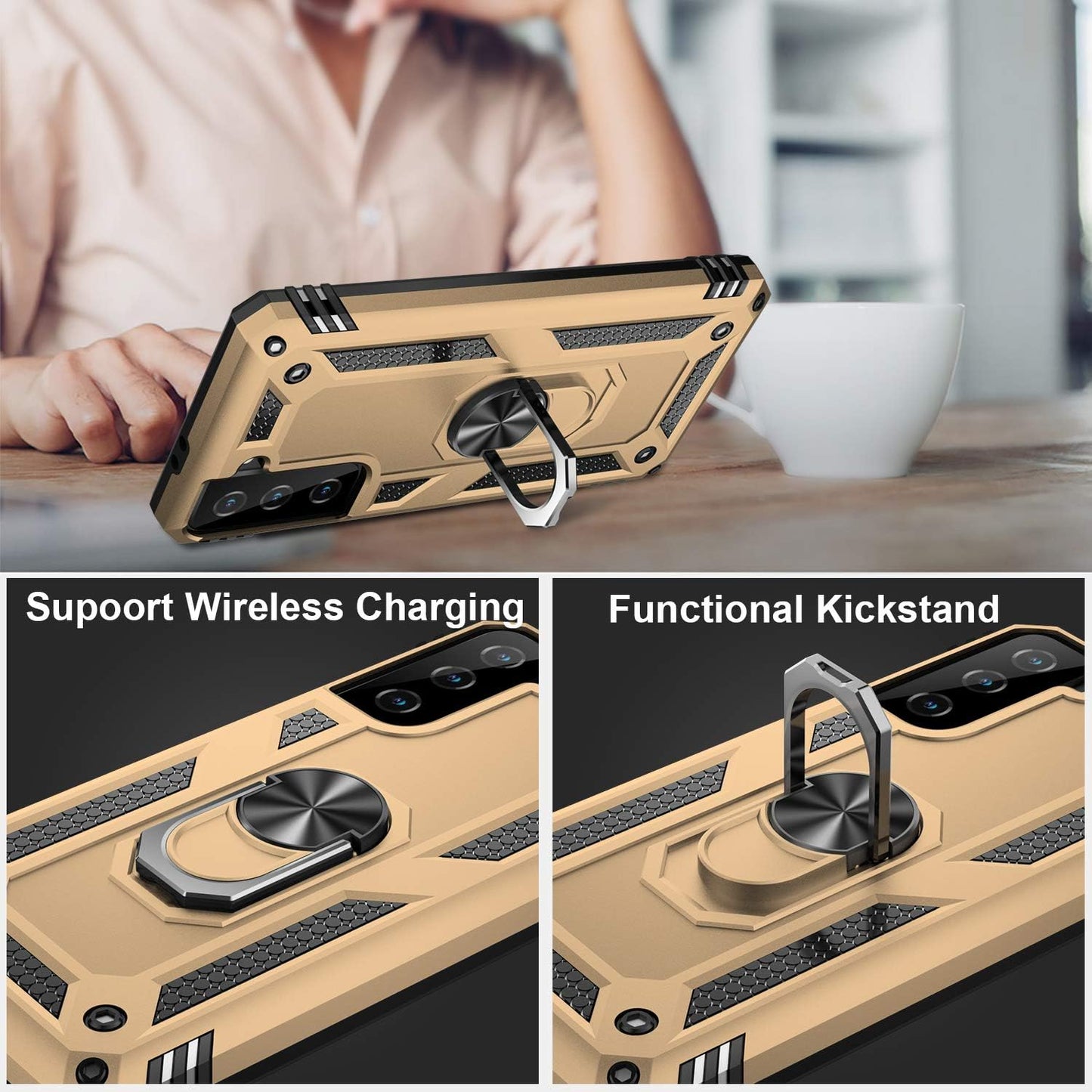 IKAZZ Galaxy S21 plus Case,Samsung S21 plus Cover Military Grade Shockproof Heavy Duty Protective Phone Case Pass 16Ft Drop Test with Magnetic Kickstand for Samsung Galaxy S21 plus Gold  IKAZZ   