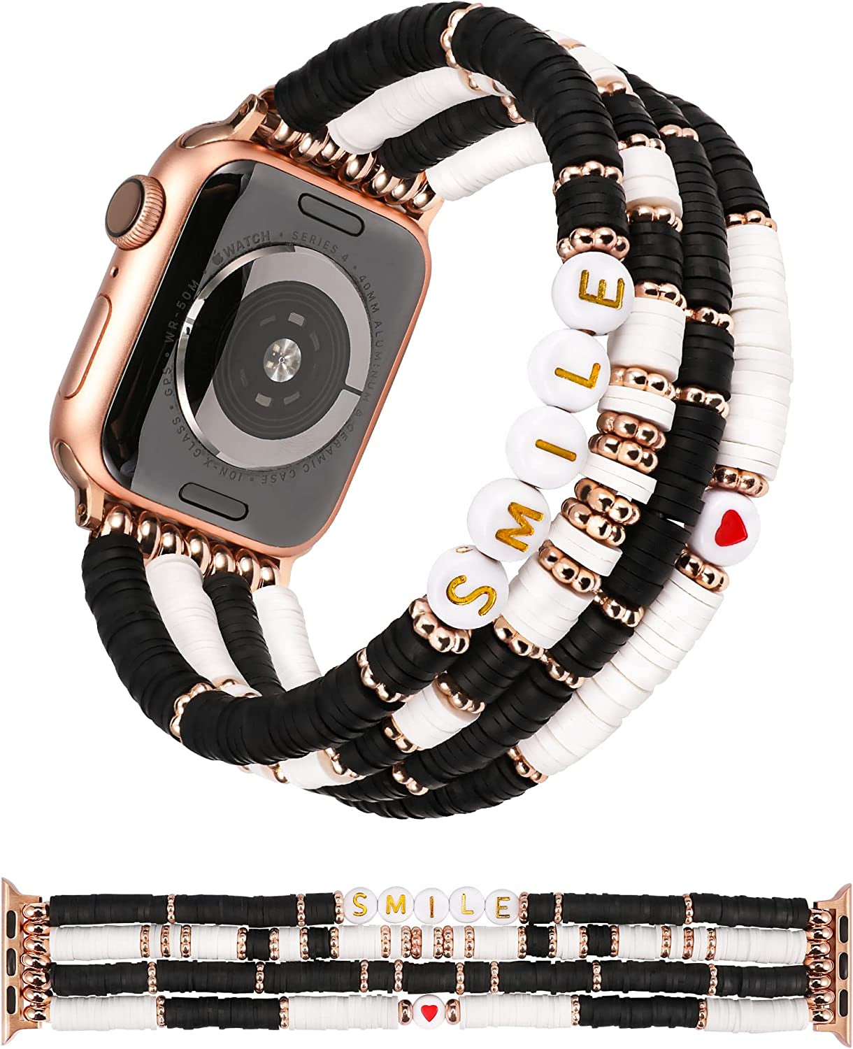 TOYOUTHS Heishi Beads Bracelet Compatible with Apple Watch Band Cute Stretch Girl Women Summer Beach Surfer Stackable Clay Preppy Jewelry Band for Iwatch 42/44/45Mm Series SE 7 6 5 4 3 2 1  TOYOUTHS Metal Style-Smile 49/45/44/42mm S (5.8" - 6.3" Wrist) 