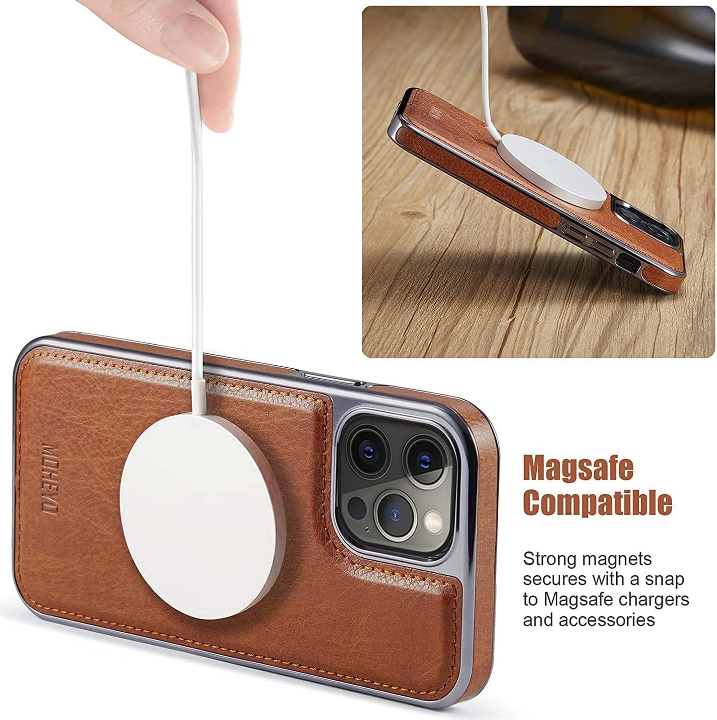 MOHEYO Designed for Iphone 13 Pro Max Case Compatible with Magsafe Charger Magnetic Removable Wallet Card Holder Slim Thin Leather Cover (Brown)  MOHEYO   
