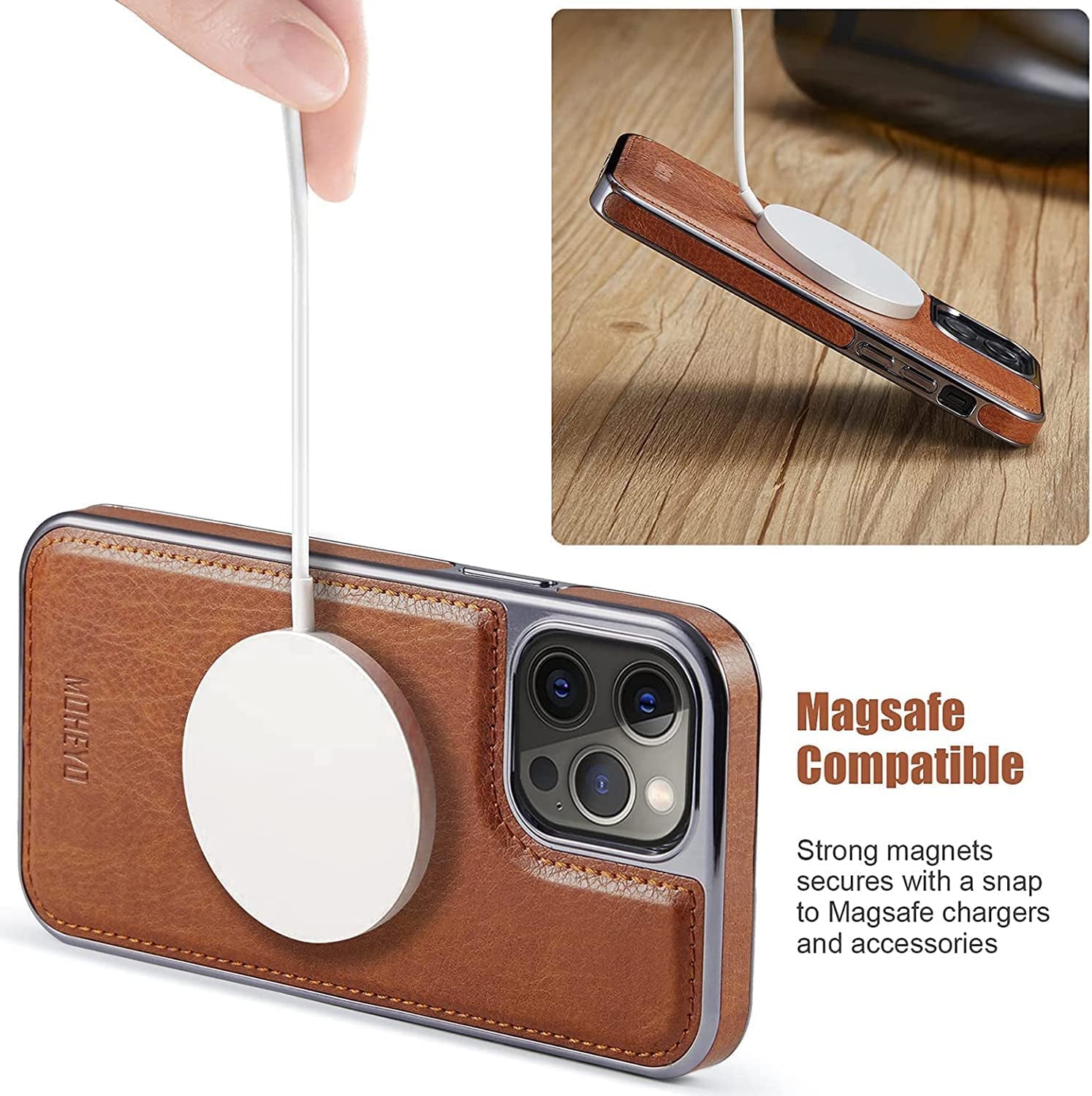 MOHEYO Designed for Iphone 13 Pro Max Case Compatible with Magsafe Charger Magnetic Removable Wallet Card Holder Slim Thin Leather Cover (Brown)  MOHEYO   