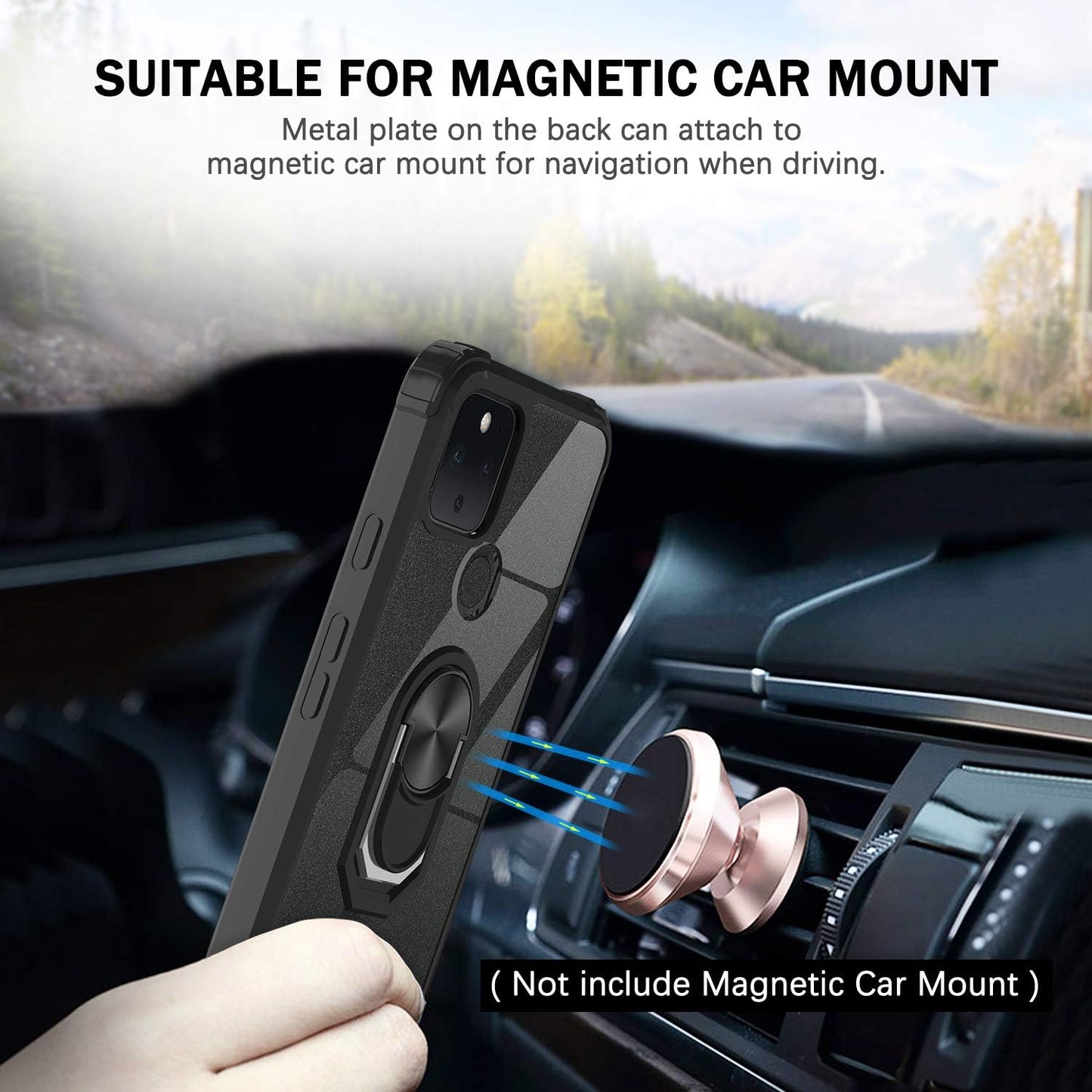 Leyi for Google Pixel 5 Case with 2PCS Screen Protector, [Military-Grade] Clear Crystal Shockproof Phone Case with Magnetic Car Ring Kickstand for Google Pixel 5, Black  LeYi   