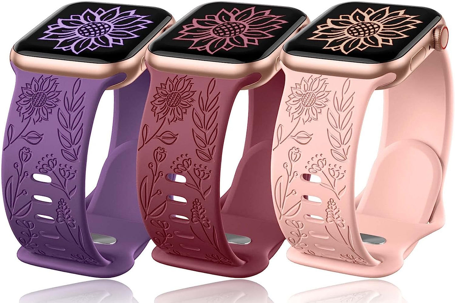 3 Pack Sunflower Engraved Bands Compatible with Apple Watch Band 38Mm 40Mm 41Mm 42Mm 44Mm 45Mm 49Mm Women Girl, Flower Silicone Wrist Bands Strap Compatible with Iwatch Series 8 7 6 5 4 3 2 1 SE Ultra  SNBLK Pink/Wine Red/Purple 38mm/40mm/41mm 