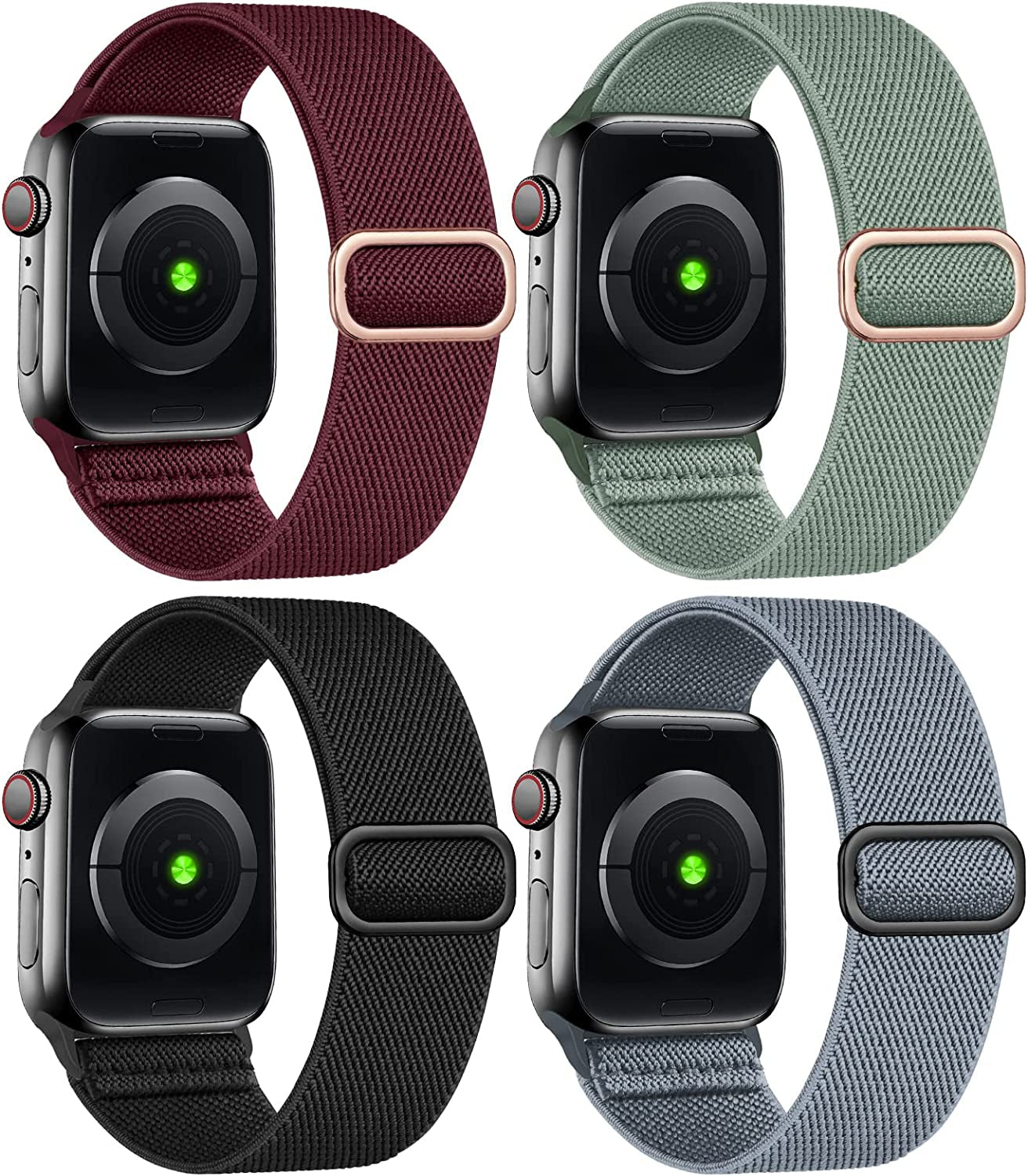 Treasuremax 4 Pack Stretchy Solo Loop Bands Compatible for Apple Watch 38Mm 40Mm 41Mm 42Mm 44Mm 45Mm 49Mm, Adjustable Nylon Elastic Braided Straps for Iwatch Serie Ultra/8/7/6/Se/5/4 3/2/1 Women Men  TreasureMax Black/Burgundy/Blue Grey/Cactus 38MM/40MM/41MM 
