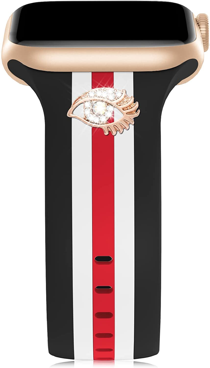 Designer Band with Charms Decor Compatible with Apple Watch Band 38Mm 40Mm 41Mm 42Mm 44Mm 45Mm 49Mm Women Men, Stylish Silicone Sport Wristbands for Iwatch Series 8 7 6 5 4 3 2 1 SE Ultra  Bagoplus Black/White/Red-Diamond-Eye 42mm/44mm/45mm/49mm 