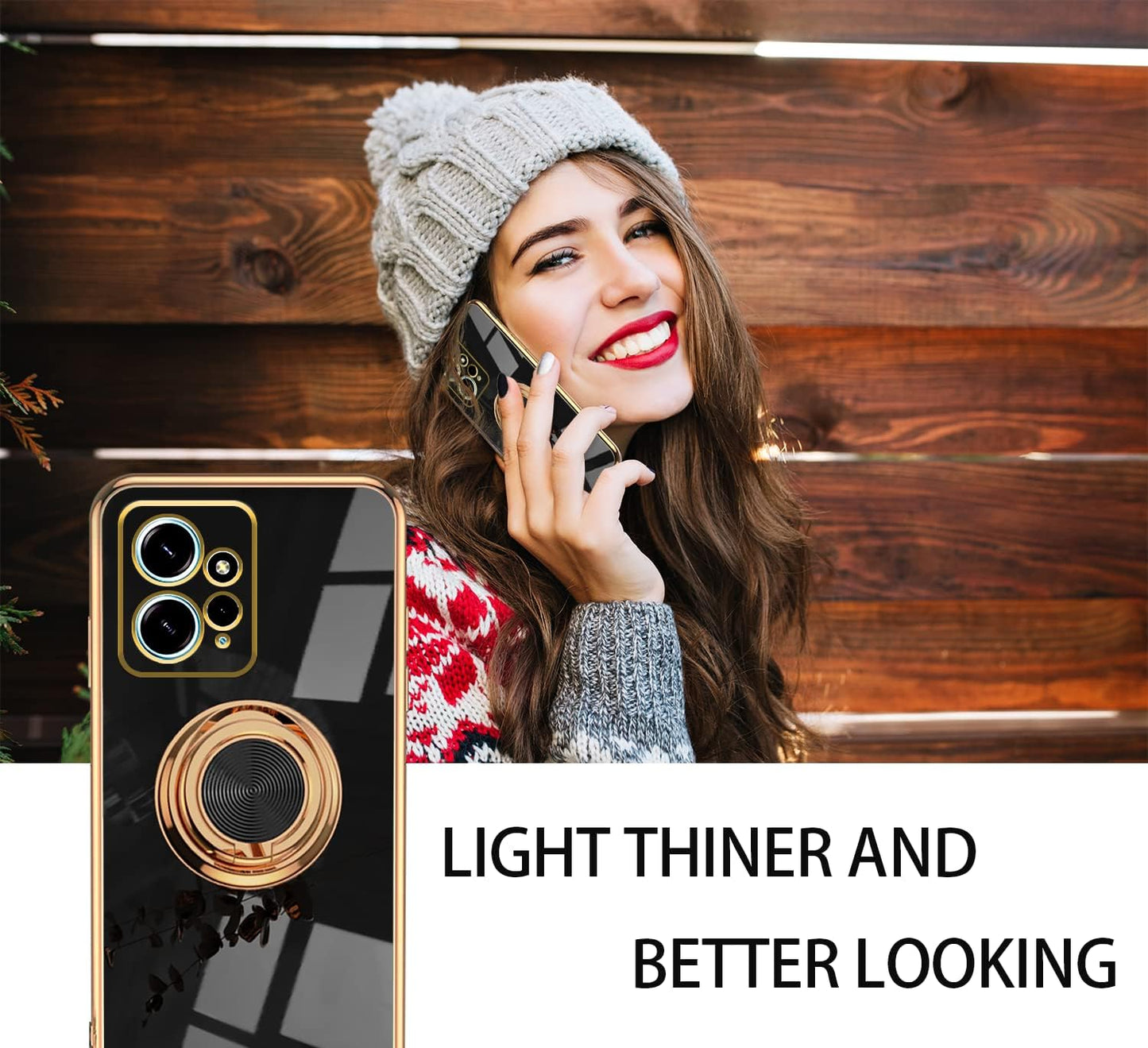 Tiwinxing Compatible with Xiaomi Redmi Note 12 4G Case for Women Men Cute Redmi Note 12 4G Phone Case Shockproof with Luxury Plating Gold Edge Kickstand Protective Cases Cover (Black)  Tiwinxing   