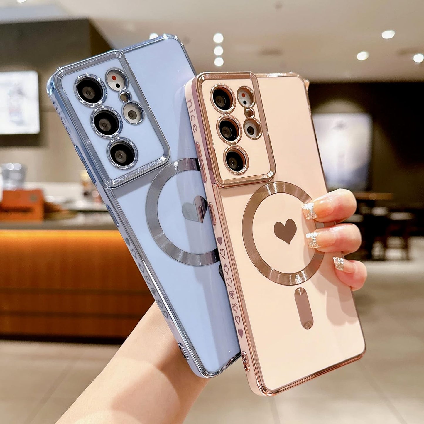 VANIPUFF Magnetic Phone Case for Samsung Galaxy S21 Ultra 5G [Compatible with Magsafe] Luxury Plating Cute Love Heart Soft Silicone Protective Shockproof Cover for Galaxy S21 Ultra 6.8” (Blue)  VANIPUFF\1   