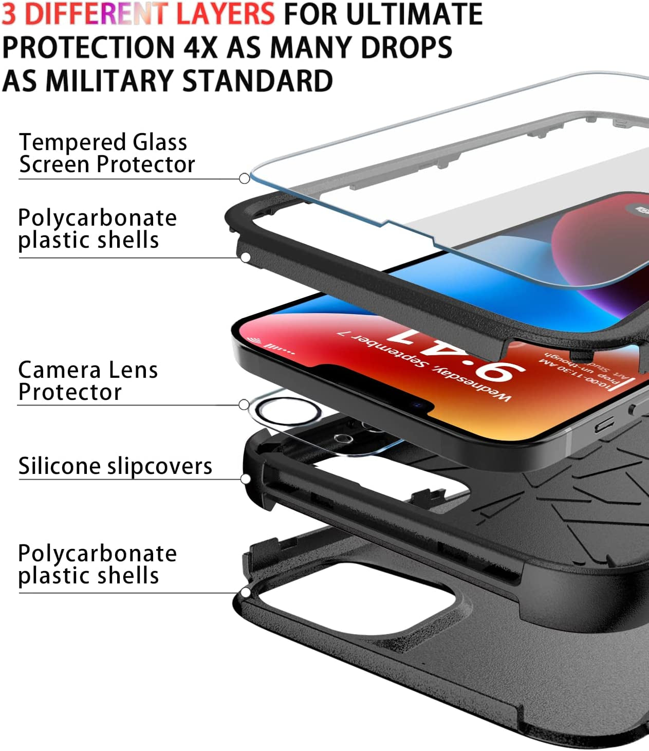 Diverbox for Iphone 14 Case [Shockproof] [Dropproof] [Tempered Glass Screen + Camera Lens Protector],Heavy Duty Protection Phone Case Cover for Apple Iphone 14 (Black)  DiverBox   