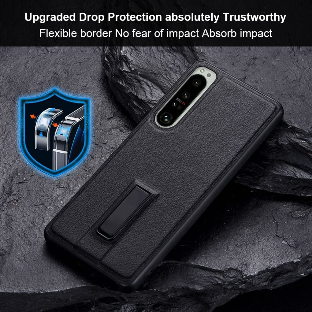 QUIETIP Stand Case for Sony Xperia 1 V 5G with Screen Protector,Slim Leather Metal Kickstand Protective Cover Lens Protect,Black  QUIETIP   