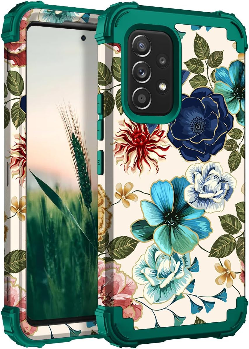 Hocase for Galaxy A53 5G Case, Heavy Duty Shockproof Protection Soft Silicone Rubber Bumper+Hard Plastic Hybrid Protective Case for Samsung Galaxy A53 5G (6.5" Display) 2022 - Blue Purple Marble  Hocase Teal Flowers  