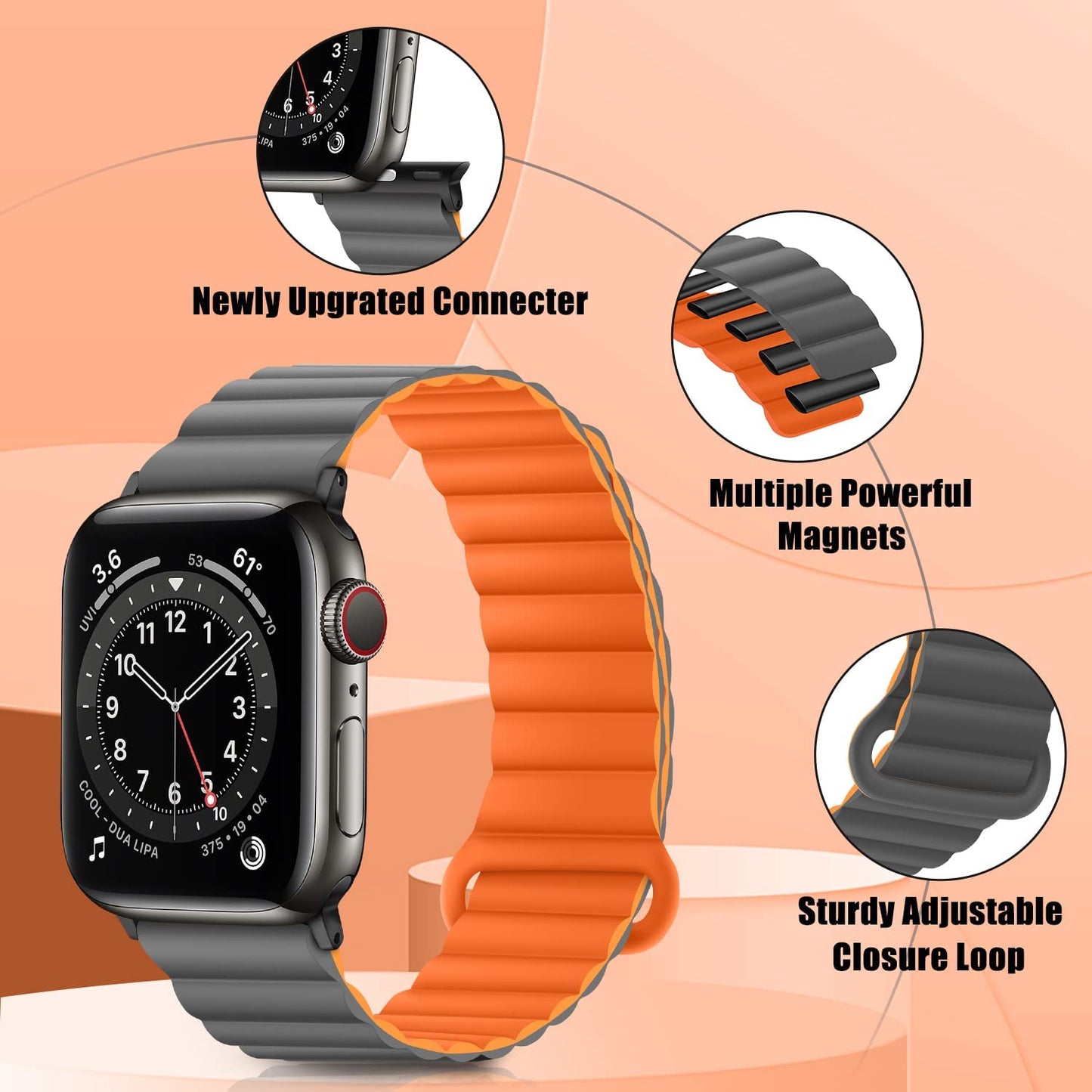 HITZEE Compatible with Apple Watch Band 41Mm 40Mm 38Mm, Double Sided Wearable Silicone Magnetic Loop Bands Compatible for Apple Watch Series 8 7 SE 6 5 4 3 2 1, Gray Orange  HITZEE   