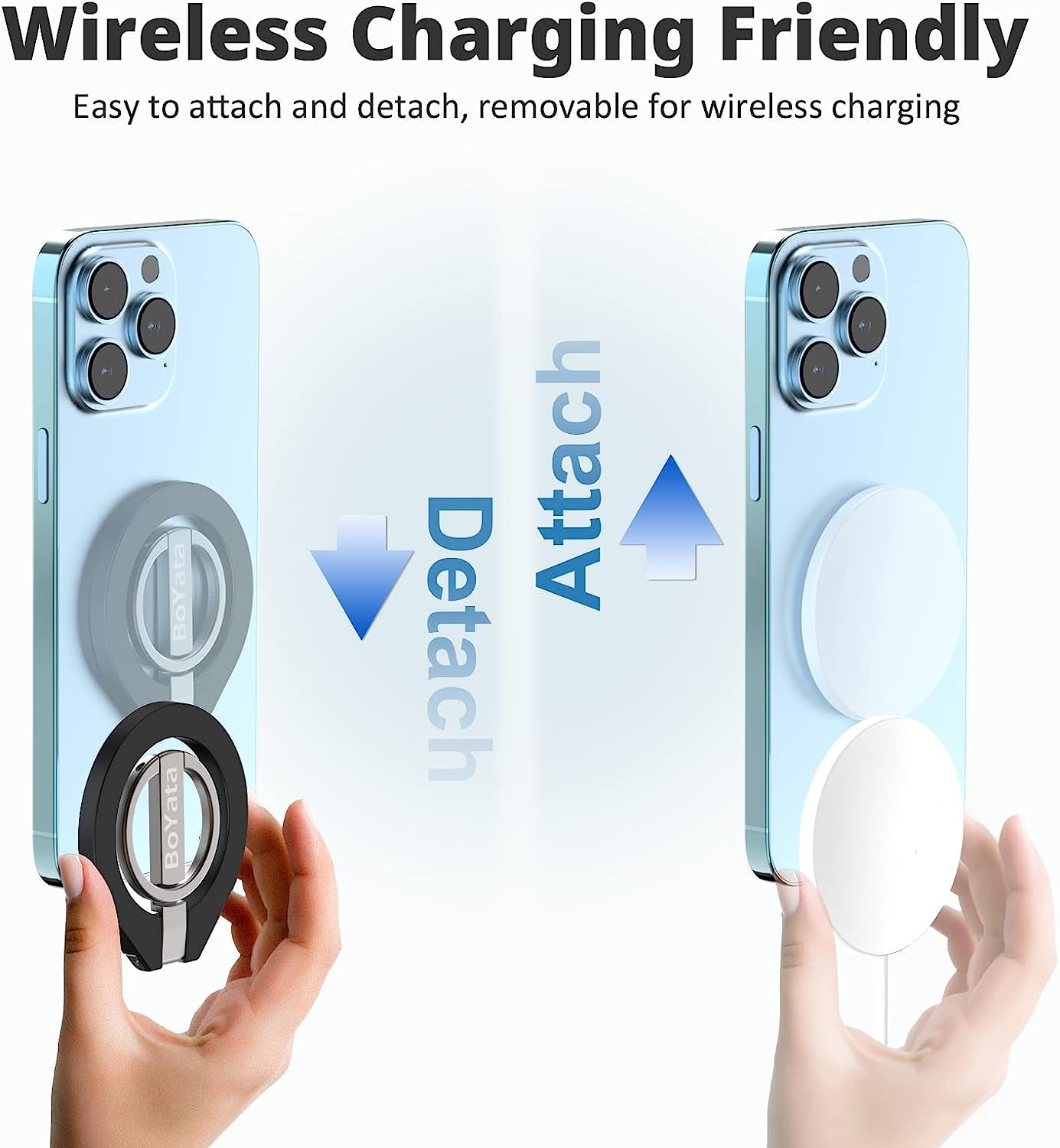 Boyata Magnetic Phone Ring Holder, 360° Rotating Phone Grip for Magsafe, Adjustable & Detachable Finger Ring Stand Compatible for Iphone 12/13/14, Iphone Series & Android Devices Use with Iron Ring  BoYata   