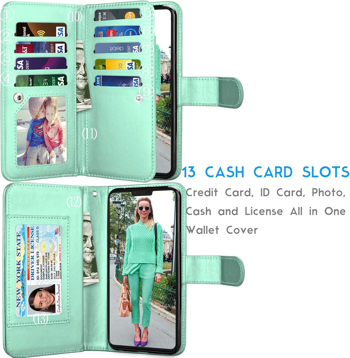 Tekcoo Wallet Case for LG V40 / LG V40 Thinq, Luxury ID Cash Credit Card Slots Holder PU Leather Purse Folio Flip Carrying Cover Cases [Detachable Magnetic Hard Case] Kickstand - Turquoise  Tekcoo   