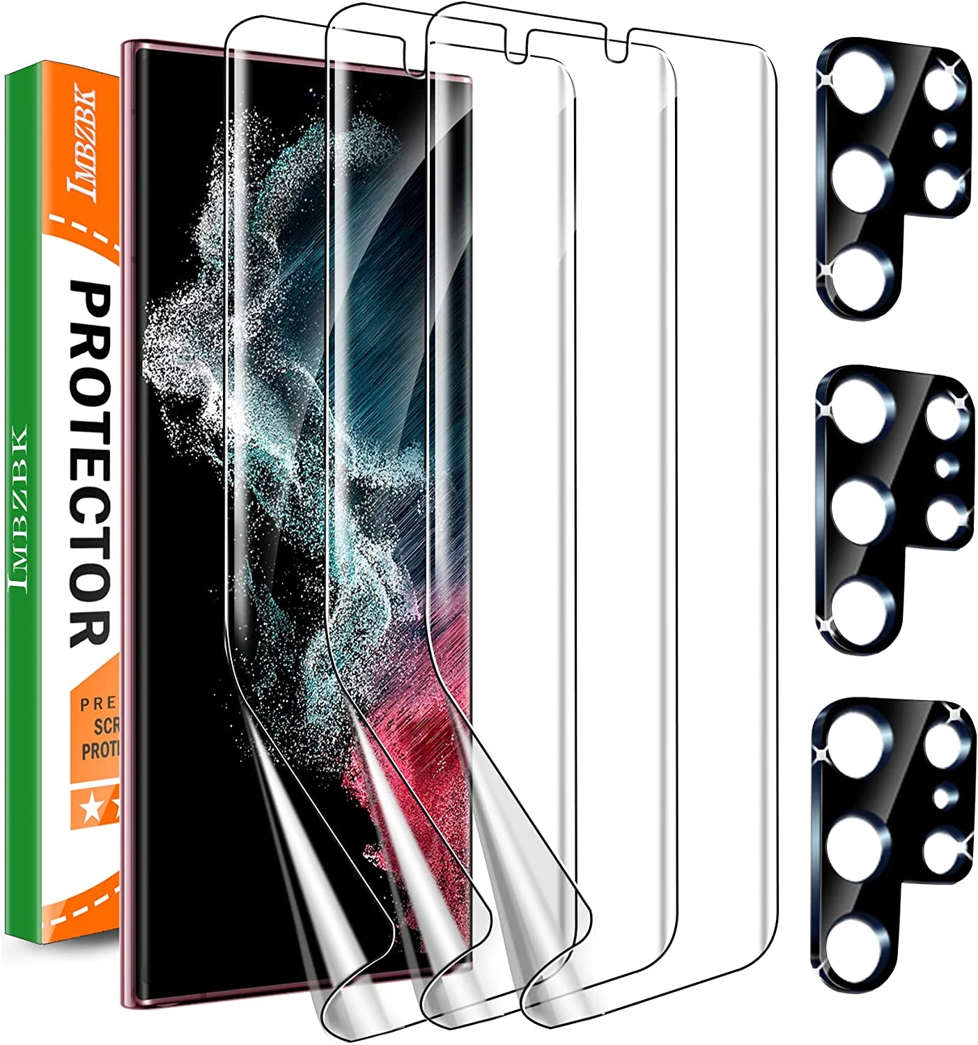 IMBZBK [3+3 Pack for Samsung Galaxy S22 Ultra 5G Screen Protector [Not Glass], 3 Pack Flexible TPU Film with 3 Pack Tempered Glass Camera Lens Protector, Fingerprint Suitable, Case Friendly  IMBZBK   