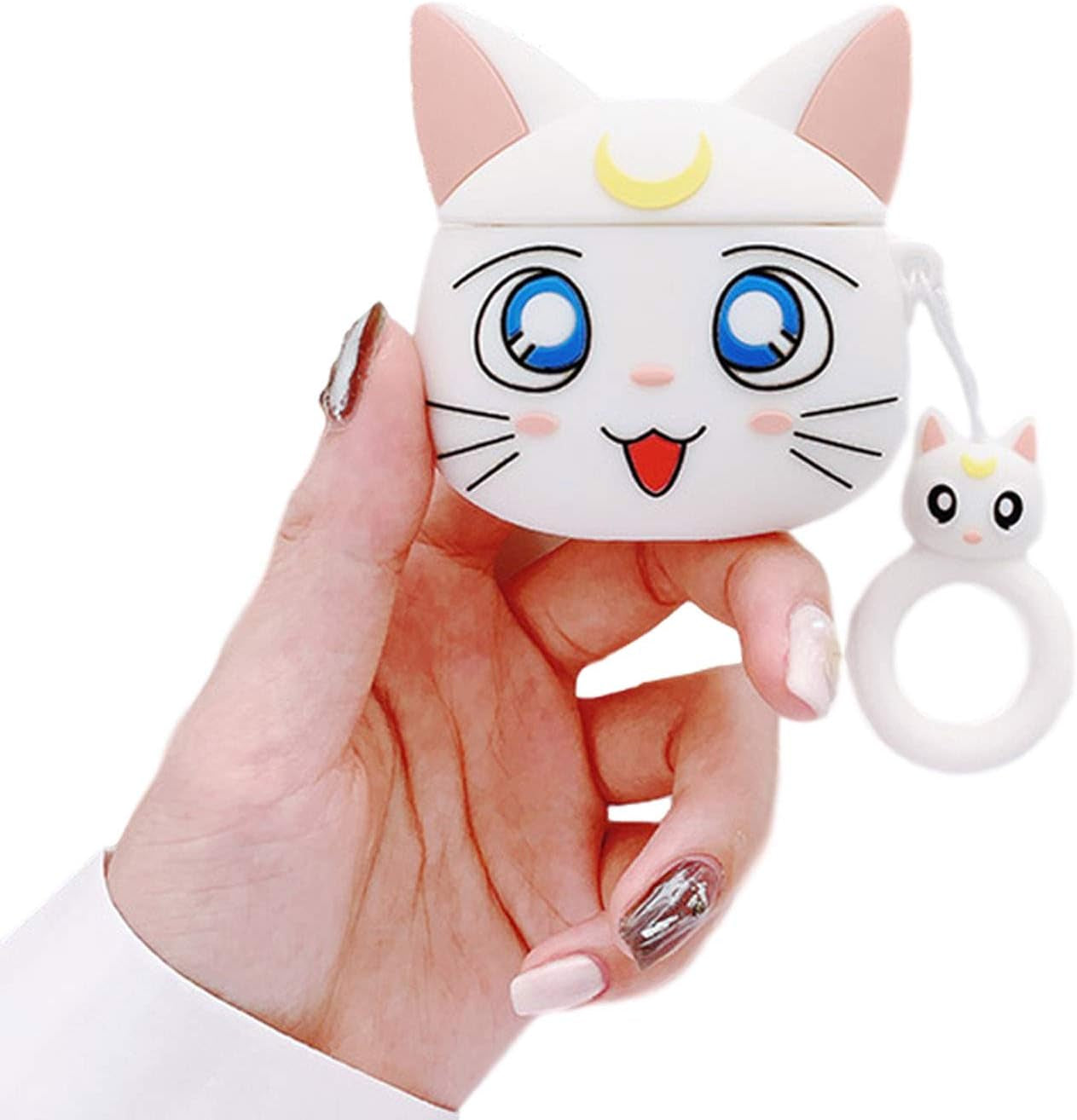 ZOSTLAND Wireless Earphone Case, Adorable Mouse Thick Soft Portable Keychain Finger Ring Protective Silicone Skin Cover Case Compatible with Apple Airpods Case 2&1 (Airpods 1/2,Mouse)  ZOEAST Moon Cat White  