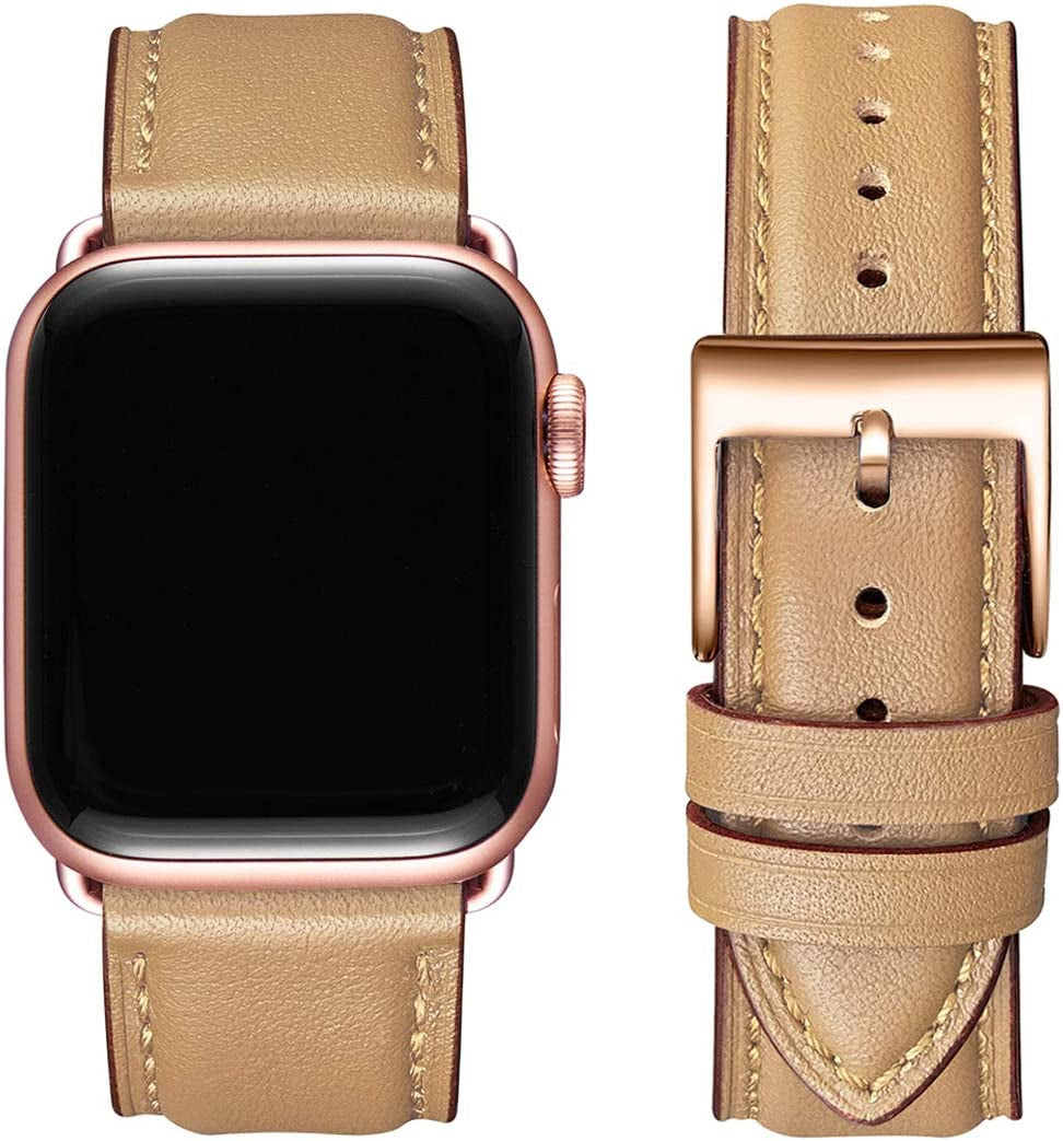 OMIU Square Bands Compatible with Apple Watch Band 38Mm 40Mm 41Mm 42Mm 44Mm 45Mm 49Mm, Genuine Leather Wristband Starp for Iwatch SE Series 8 7 6 5 4 3 2 1 Utral for Women Men(Ivory White/Rose Gold)  BestWayStore Camel/Rose Gold 42mm 44mm 45mm 49mm 