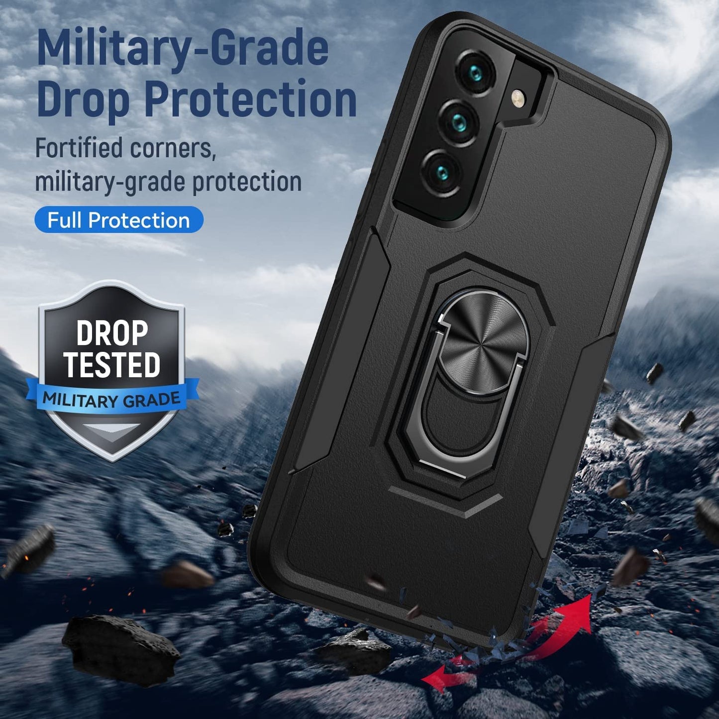 Samsung Galaxy S22 Case with Screen Protector Tempered Glass [Not for S22+] ,Heavy Duty Shockproof Full Body Phone Cover[Dual Layer][Hard PC Back],Built in Finger Ring Stable Kickstand,2022 Black  Janmitta   