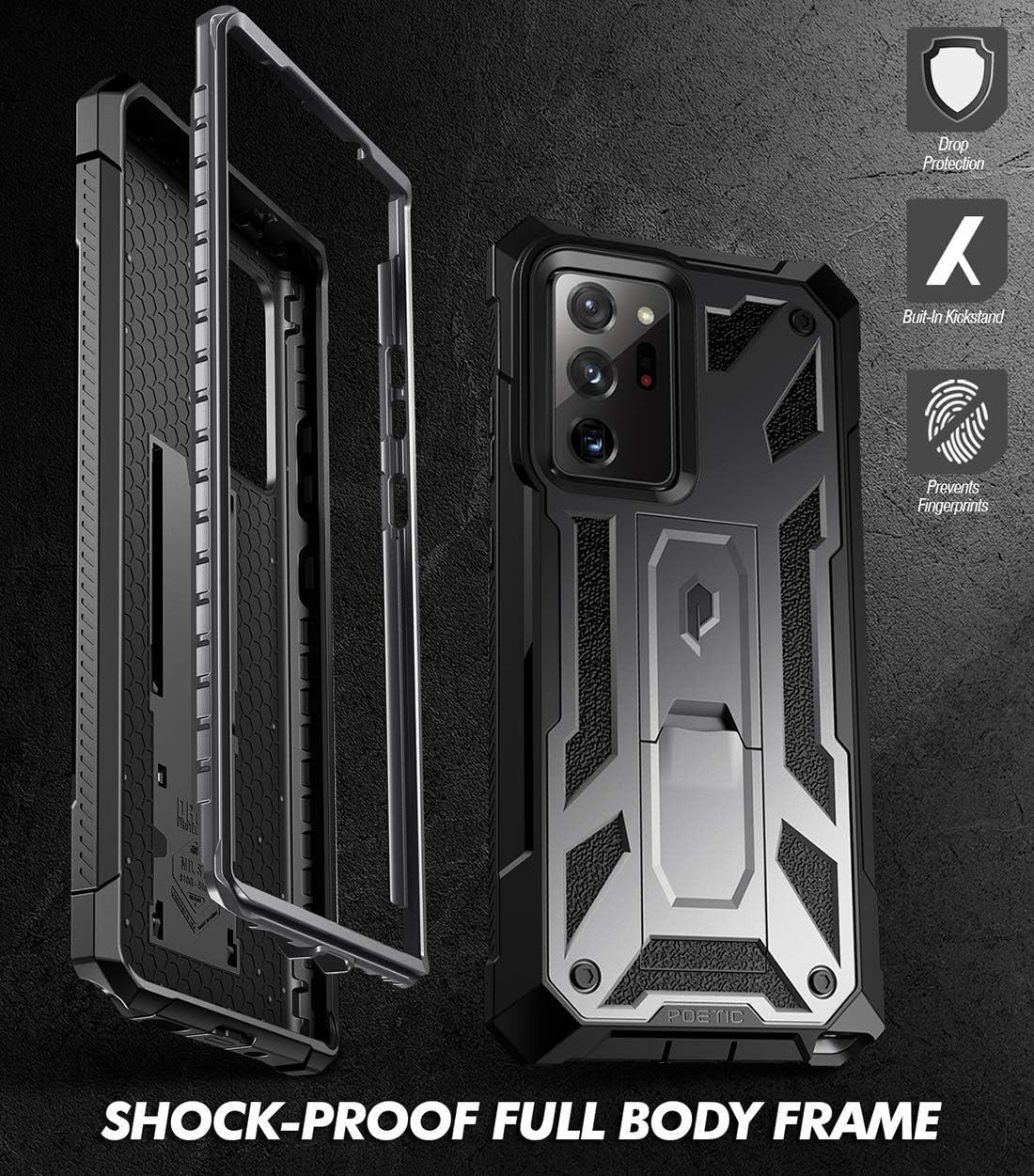 Poetic Spartan Series Designed for Galaxy Note 20 Ultra Case, Full-Body Rugged Dual-Layer Metallic Color Accent with Premium Leather Texture Shockproof Protective Cover with Kickstand, Gun Metal  Poetic   