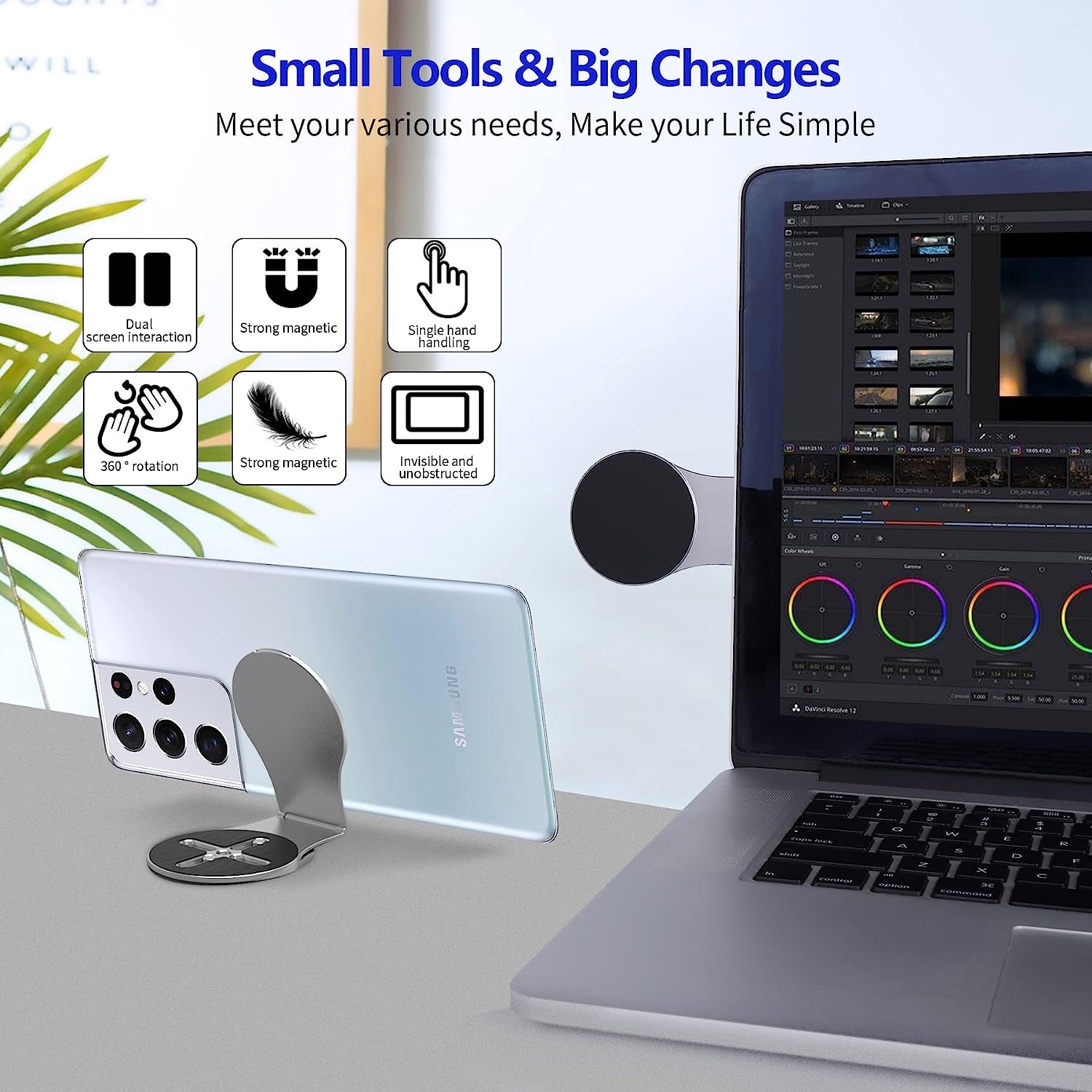 Ubeesize Magnetic Laptop Phone Holder, Adjustable Phone Monitor Side Mount for Iphone 14/13 Series / 12 Pro Max/ 12 Pro/ 12 Mini, Slim Portable Foldable Computer Expansion Bracket, Silver  UBeesize   