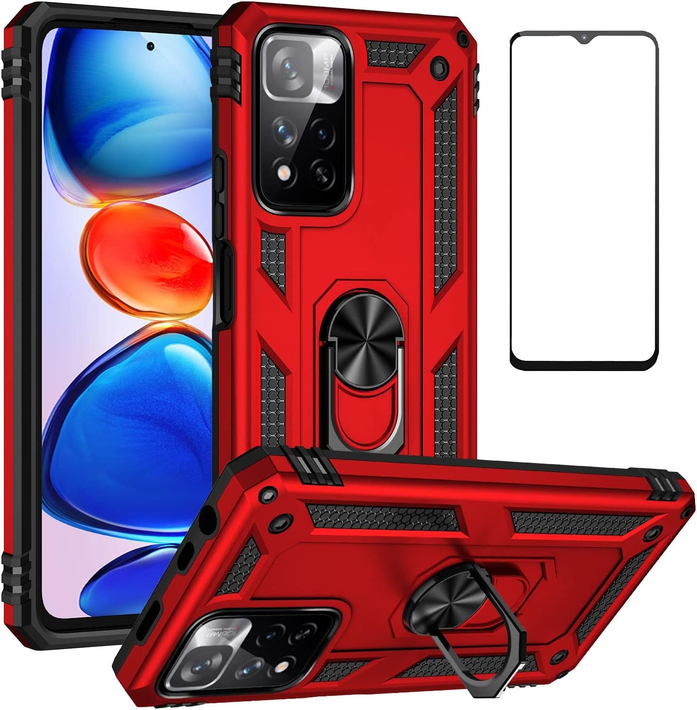 Bozyoodt for Xiaomi Redmi Note 11 Pro plus Case with Screen Protector,Kickstand Heavy Duty Protection Dual Layer Shockproof Military Protective Cover Phone Case for Redmi Note 11 Pro plus (Black)  Bozyoodt Red  