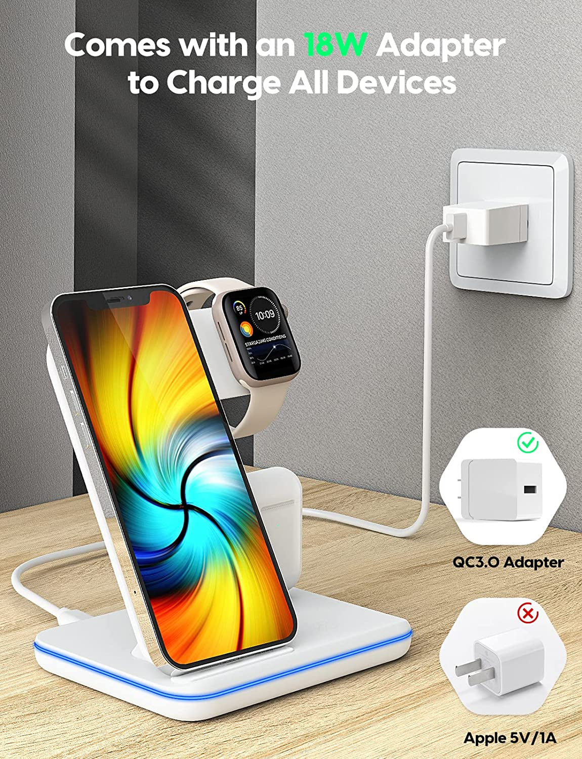 Wireless Charging Station, 2023 Upgraded 3 in 1 Wireless Charger Stand with Breathing Indicator Compatible with Iphone 14/13/12/11 Pro/Xs, Airpods 3/2/1/Pro 2, Iwatch Series 8/7/6/5/4/3,Samsung Phones  ZOOULAI   