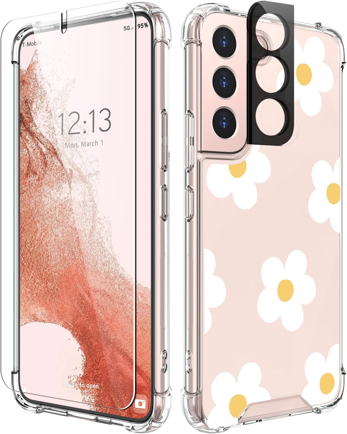 Cutebe Cute Clear Case for Samsung Galaxy S22 6.1 Inch 2022 Released, Shockproof Series Protective Cover with Screen Protector and Camera Lens Protector for Women, Girls  Cutebe Retro Flower  
