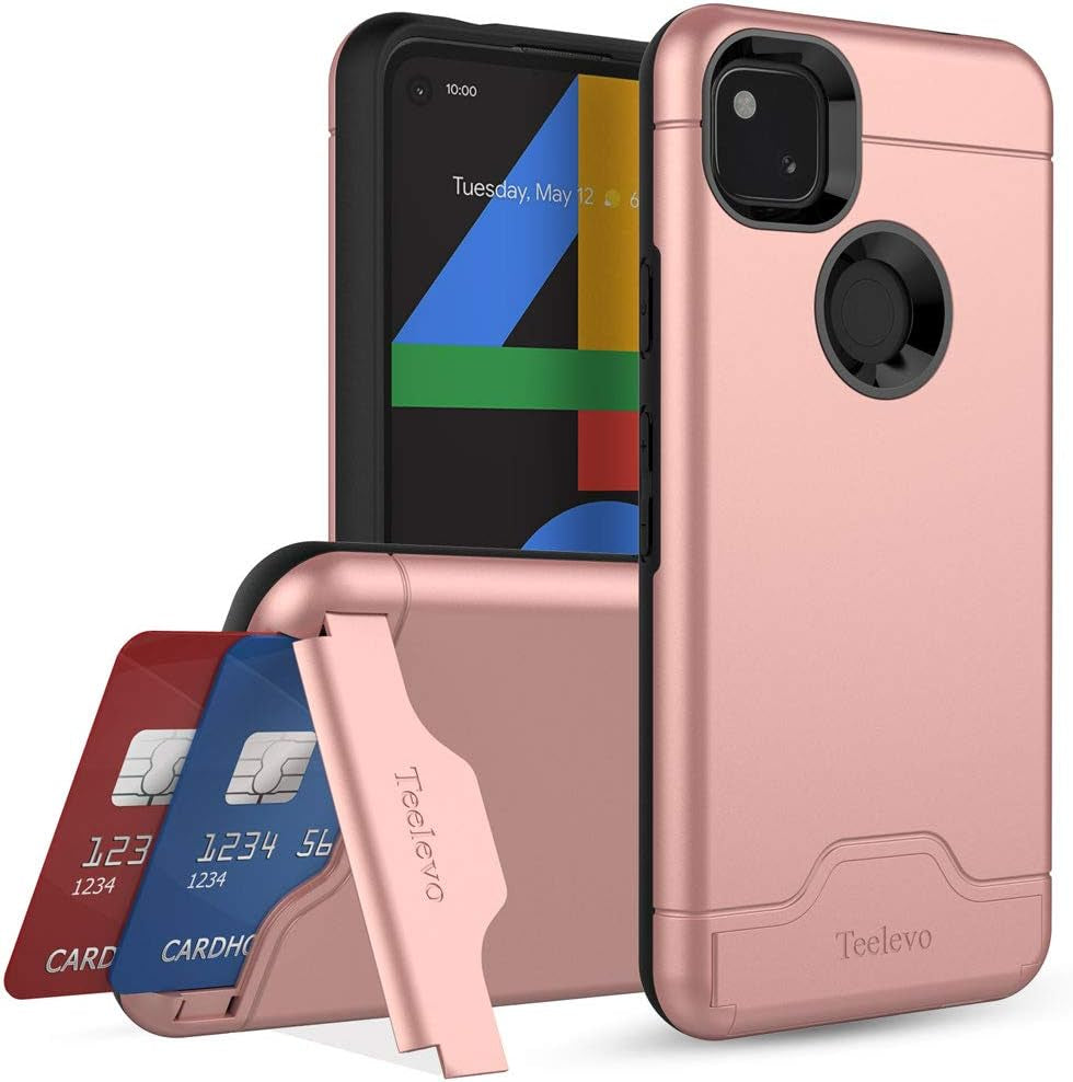 Teelevo Wallet Case for Google Pixel 4A [NOT Compatible with Pixel 4A 5G], Dual Layer Case with Card Slot Holder for Google Pixel 4A - Black  Teelevo Rose Gold  