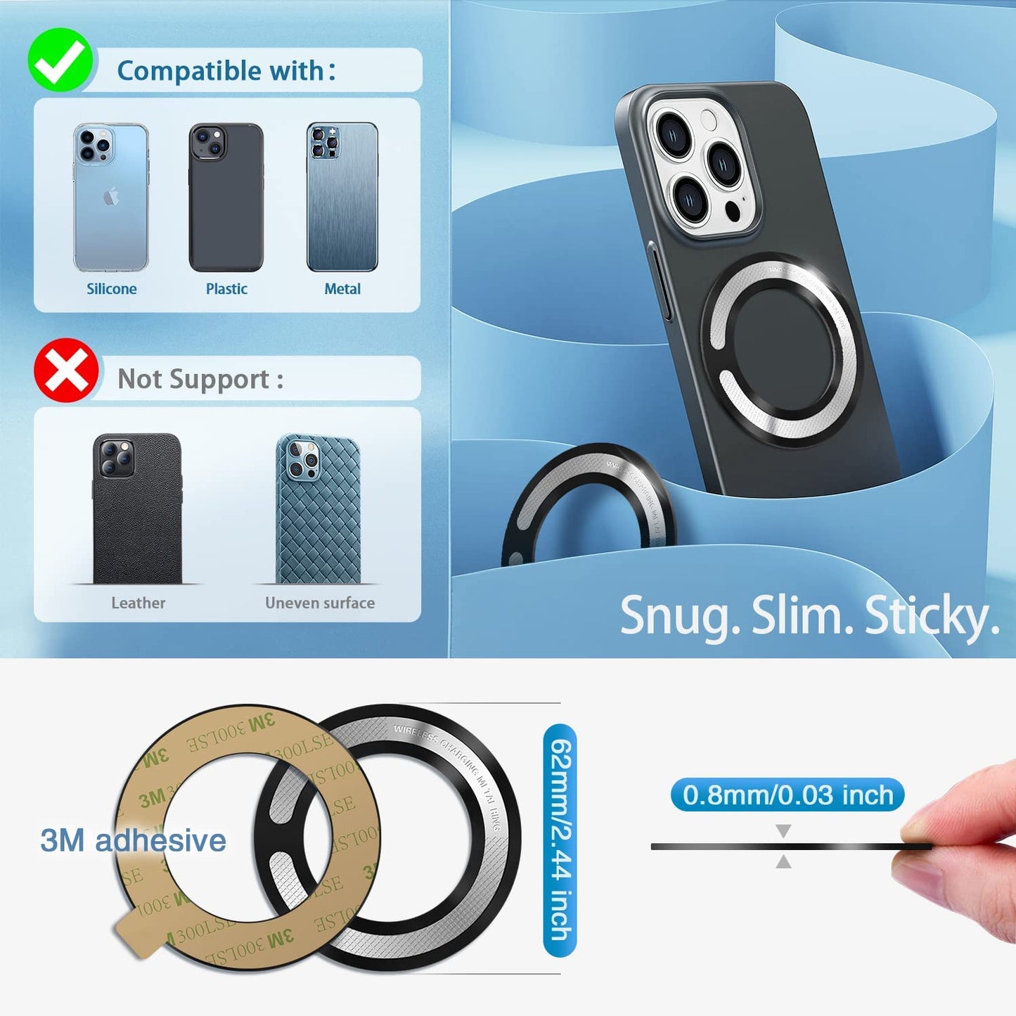 4PCS Magsafe Ring for Magsafe, Magnet Adapter, Magsafe Sticker with 3M Adhesive, Black Metal Loop for Wireless Charger/Card Wallet/Car Mount/Battery Pack/Socket Grip, Compatible with All Phone  volport   