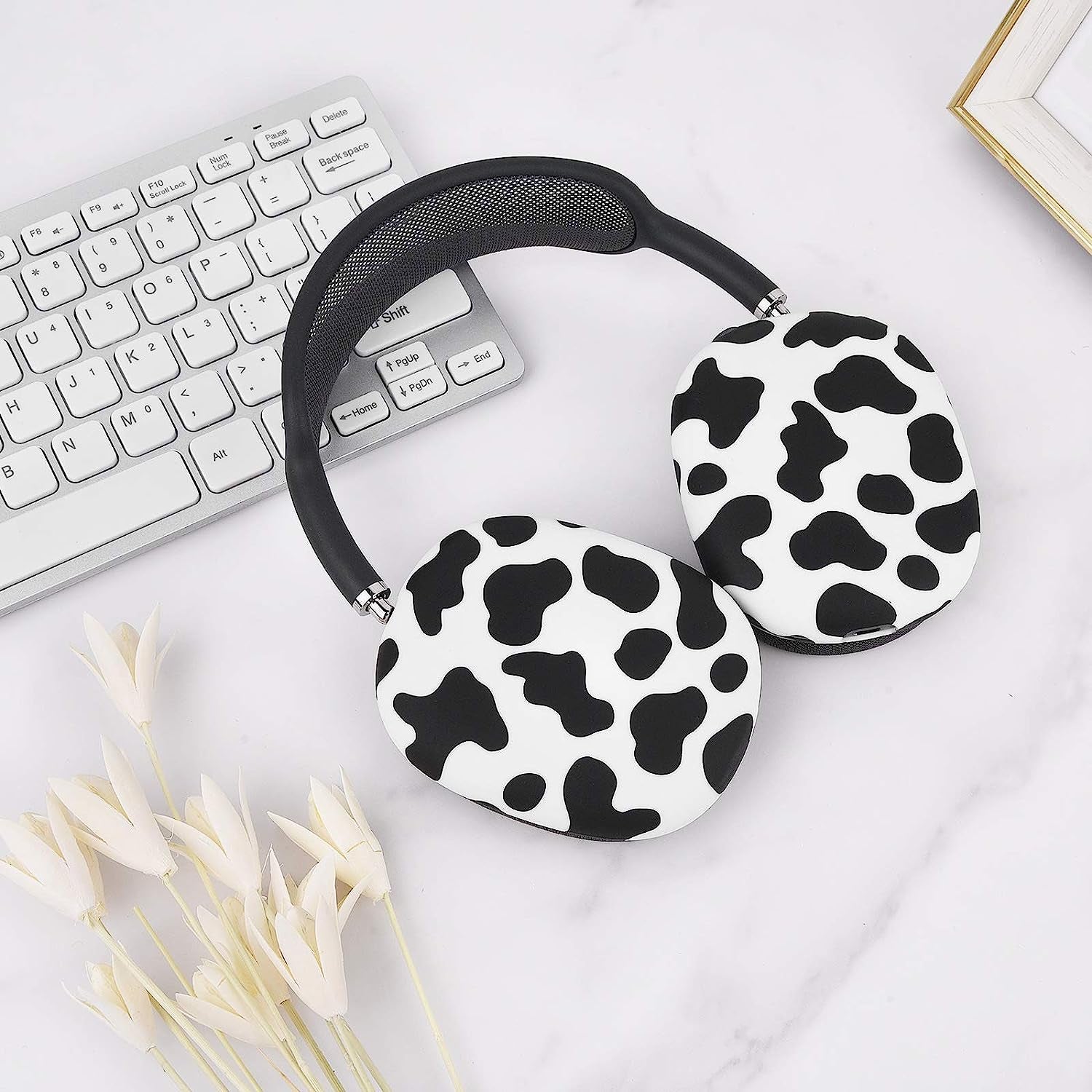 AIRSPO Compatible with Airpods Max Case Cover, Silicone Sleeve Case for Airpods Max Headphone Floral Print Protective Airpod Max Earpads Cover (Black/Cow)  AIRSPO   