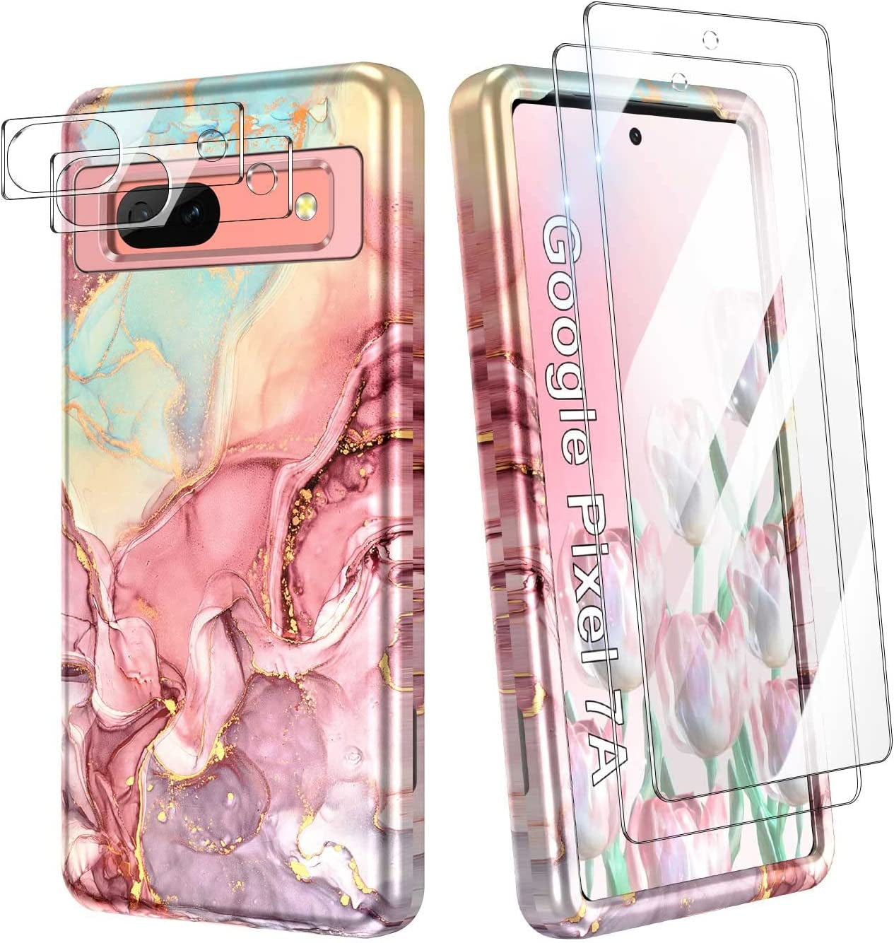 Btscase for Google Pixel 7A Case, [5 in 1] with 2 Pack Screen Protector + 2 Pack Camera Lens Protector, Marble Pattern Full Body Three Layer Rugged Shockproof Protective Cover (2023), Rose Gold  Btscase   