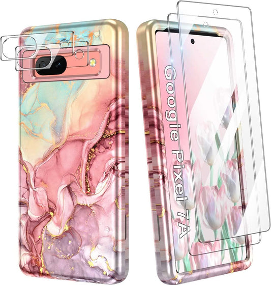 Btscase for Google Pixel 7A Case, [5 in 1] with 2 Pack Screen Protector + 2 Pack Camera Lens Protector, Marble Pattern Full Body Three Layer Rugged Shockproof Protective Cover (2023), Rose Gold  Btscase   