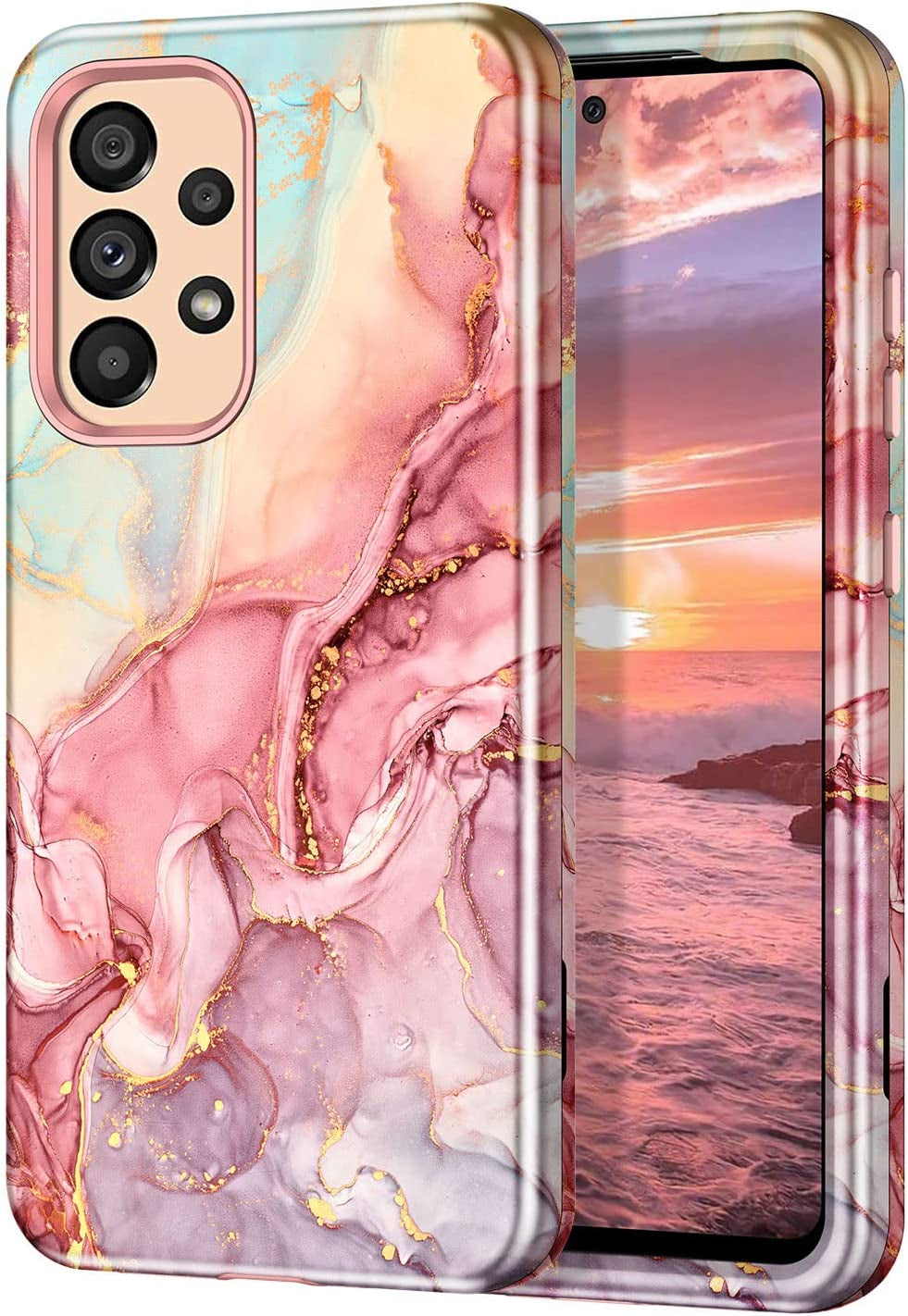 Btscase for Samsung Galaxy A53 5G Case, Marble Pattern 3 in 1 Heavy Duty Shockproof Full Body Rugged Hard Pc+Soft Silicone Drop Protective Women Girl Cover for Samsung Galaxy A53 5G,Drift Sand/Purple  Btscase A-Rose Gold  