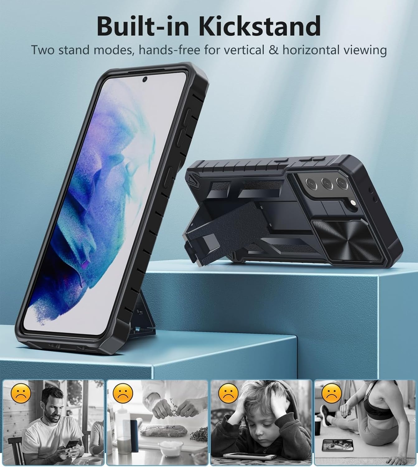 FNTCASE for Samsung Galaxy S21 Case: Heavy Duty Shockproof Phone Cover with Kickstand | Durable Protective Shockproof Cases Rugged Military Grade Drop Proof Protection 6.2" Matte Shell Black  FNTCASE   