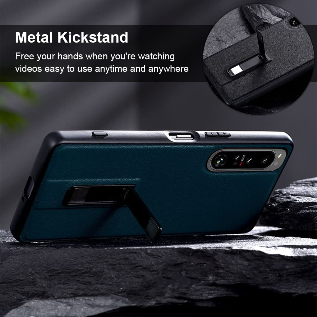 QUIETIP Stand Case for Sony Xperia 1 V 5G with Screen Protector,Slim Leather Metal Kickstand Protective Cover Lens Protect,Black  QUIETIP   