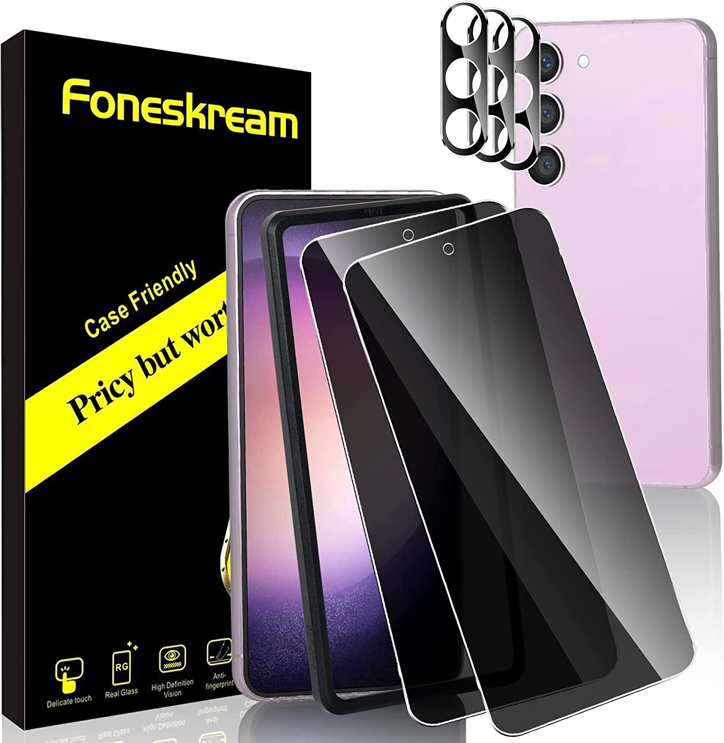 Foneskream [2+3 Pack Compatible for Samsung Galaxy S23 Privacy Screen Protector + Camera Lens Protector | Anti-Spy, Fingerprint Recognition Tempered Glass Screen Protector (Black) (Black)  Foneskream   