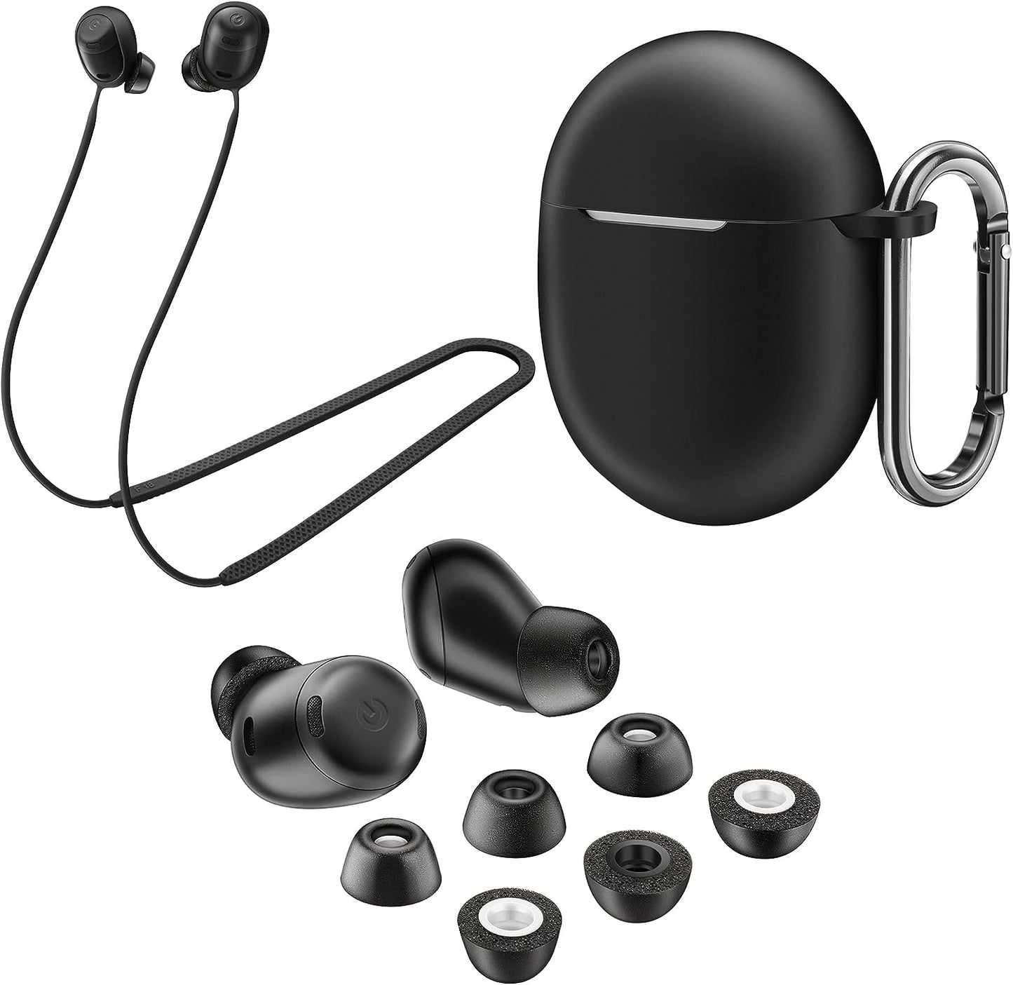 AHBTEYM Memory Foam Ear Tips for Google Pixel Buds Pro Silicone Case Cover with Keychain,Anti-Lost Strap,Anti-Slip Foam Tips for Pixel Buds Pro 2022 3 Pairs S/M/L (Black Case+Black Strap+Black Eartip)  AHBTEYM   