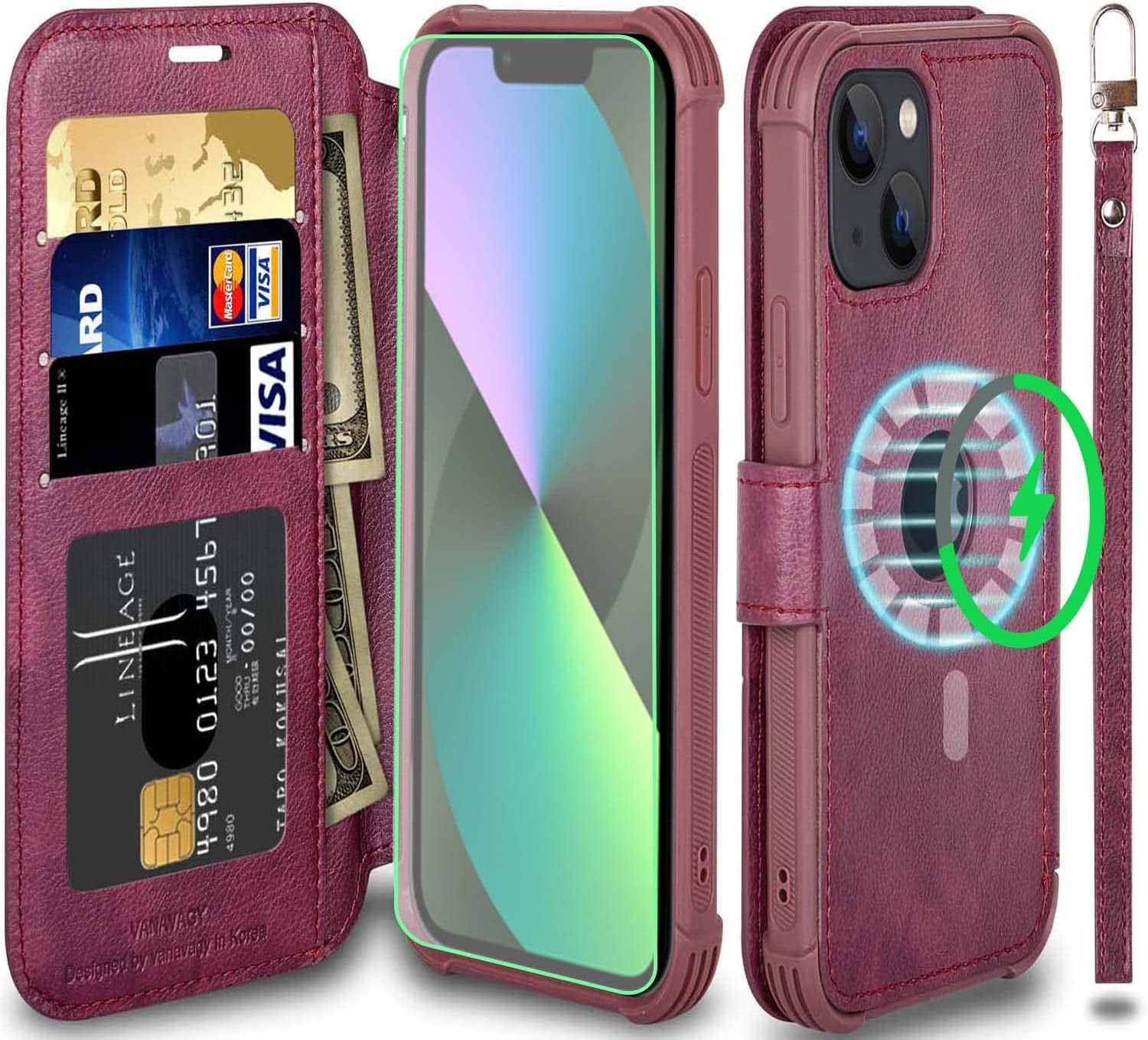 VANAVAGY Iphone 13 Mini Wallet Case Magsafe,Leather Flip Folio Phone Cover Supports Magsafe and Wireless Charging with RFID Block Card Holder and Wrist Strap,Forest Green  VANAVAGY Burgundy  