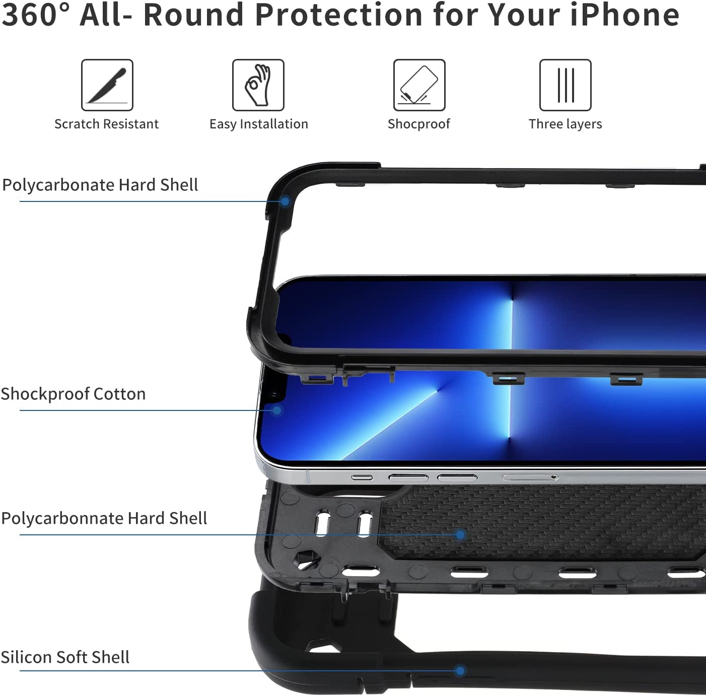 Cookiver for Iphone 14 Case/Iphone 13 Case 6.1 Inch with Ring Stand, with 2 Pack Glass Screen Protector + 1 Pack Camera Lens Protector,Heavy-Duty Shockproof Military Grade Rugged Cover (Black)  Cookiver   