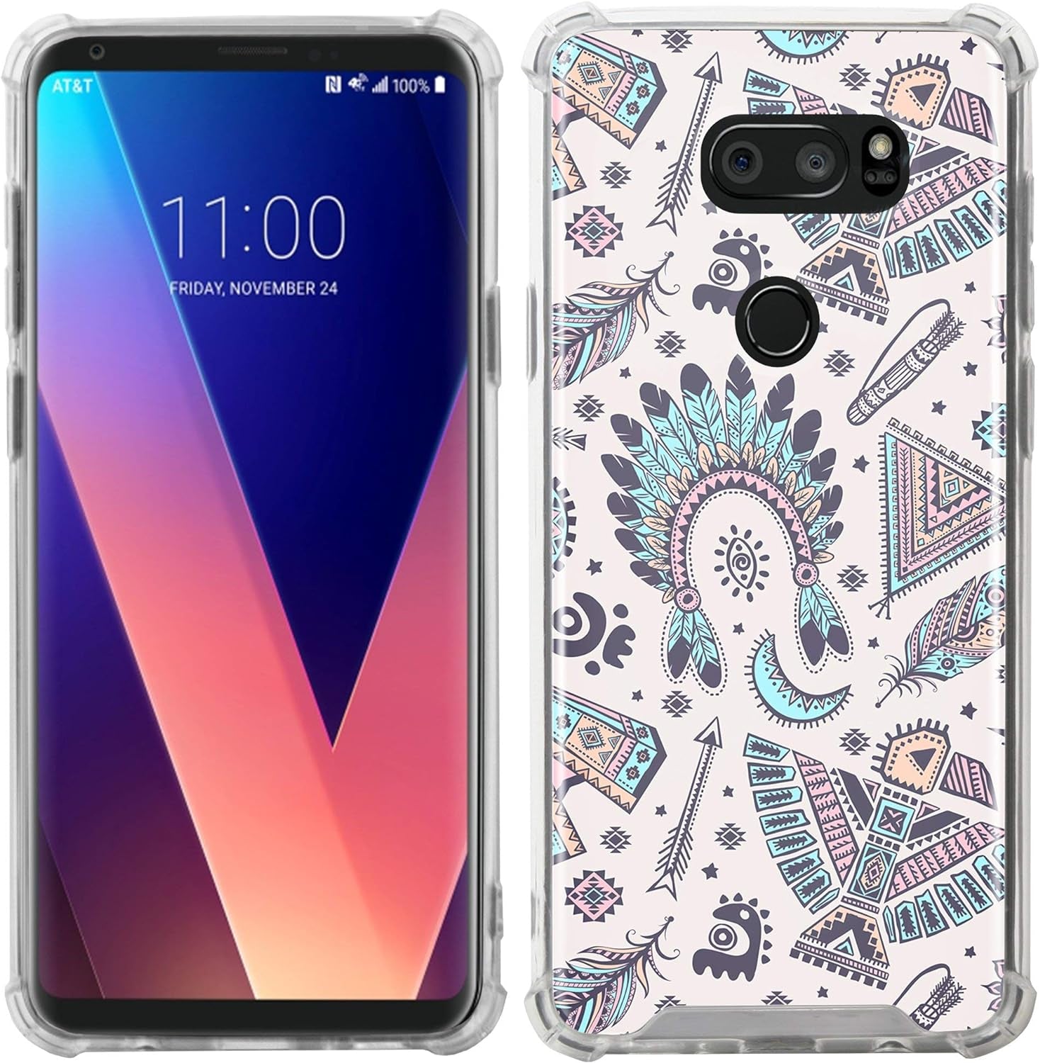 Casesondeck Crystal Case Compatible with [LG V30S Thinq and LG V30] Thin Slim Anti-Slip Grip Case with Bumper Edges Hard Back (Blue Tribal)  CasesonDeck   