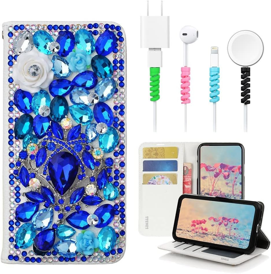 STENES Bling Wallet Case Compatible with LG V40 Thinq - Stylish - 3D Handmade Gemstone Octopus Crown Leather Cover with Cable Protector [4 Pack] - Light Blue  STENES   